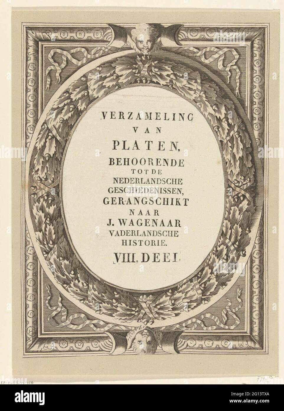 Titeldruck für eine Sammlung von Geschichtsschildern, arrangiert nach Wagenaar; Sammlung von Platten der niederländischen Geschichte, arrangiert von J. Wagenaar Patriotic History. VIII, Teil .. Zierrahmen, aus dem der ovale Mittelteil geschnitten wurde. Dadurch wurde der Titel auf ein Blatt Papier gedruckt, das hinter der Liste steckt. Der Druck wird mit Schnitt und Paste personalisiert und dient als Titeldruck für eine Sammlung historischer Drucke und Porträts, die zur patriotischen Geschichte von Jan Wagenaar arrangiert wurden. Stockfoto