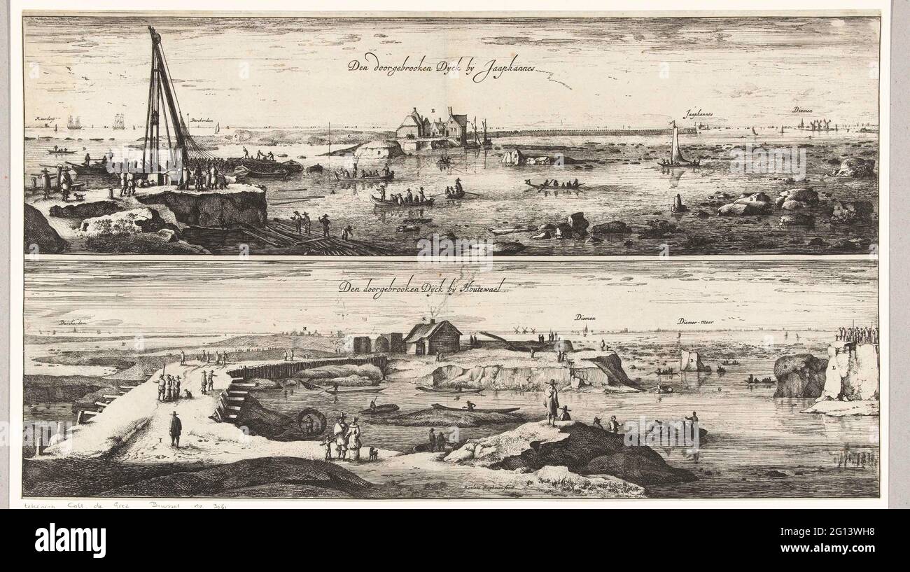 Der durchbrach Deich bei Jaap Hannes und Houtewael. Einige Zeit nach der Katastrophe begannen die Reparaturen am Deich. Im linken Vordergrund des oberen Abdrucks befindet sich ein Pfahltreiber, rechts sind Fragmente des geplatzten Deichs zu sehen. Links vom unteren Druck ist der temporäre Staudamm zu erkennen, der hinter dem Deich aufgerichtet ist, und in der Mitte die Kantine der Bergungsarbeiter. Stockfoto