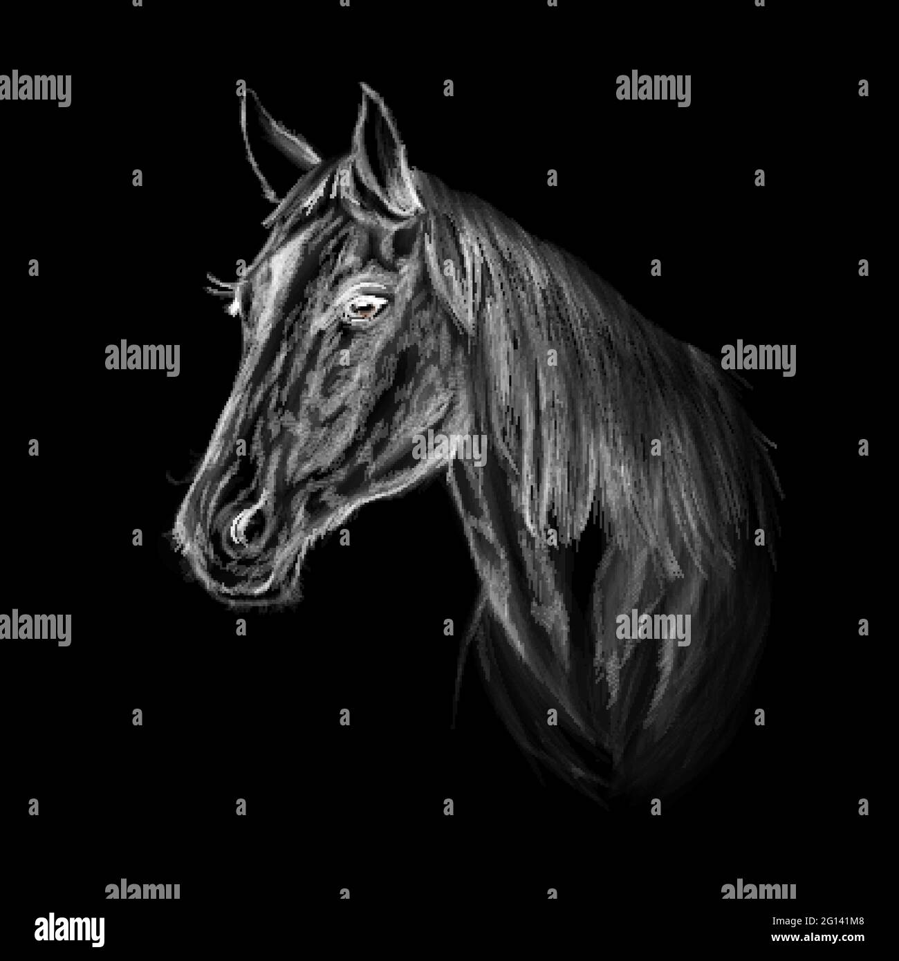 Pferdekopfporträt auf schwarzem Hintergrund. Vektordarstellung von Farben Stock Vektor
