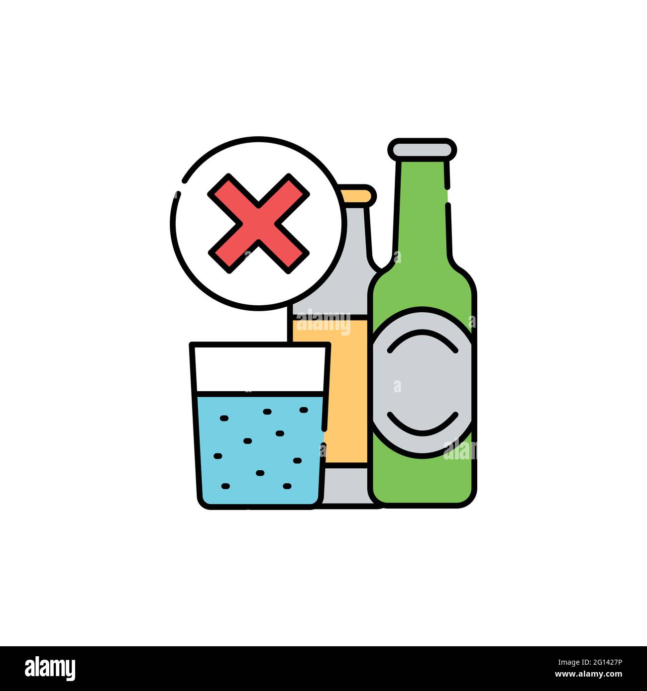 Symbol für die Linienfarbe für verbotene Alkoholgetränke. Unverträglichkeit von Getränken. Stock Vektor
