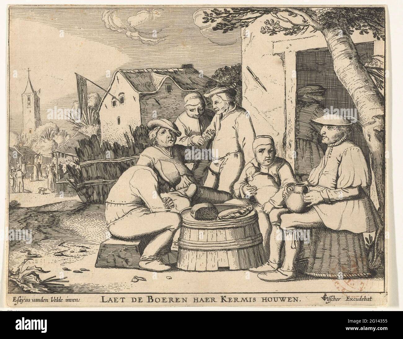 Sechs Bauern sitzen um eine Tonne in einem Gasthaus. Dorpsstraat mit Bauern in einem Gasthaus. Sie sitzen auf einer spärlichen Mahlzeit mit einem Brot und einem Fisch in einer halben Wanne. Das ist trügerisch, weil einer der Bauern einen großen Getränkekrug auf dem Schoß hat und ein anderer bereits so viel getrunken hat, dass er von einer Frau unterstützt wird. Im Hintergrund küsst sich ein Bauer. Dies ist eine Kopie in die gleiche Richtung wie das Original, wo das Motto dauert die Bauern haer fair hinzugefügt wird. Stockfoto