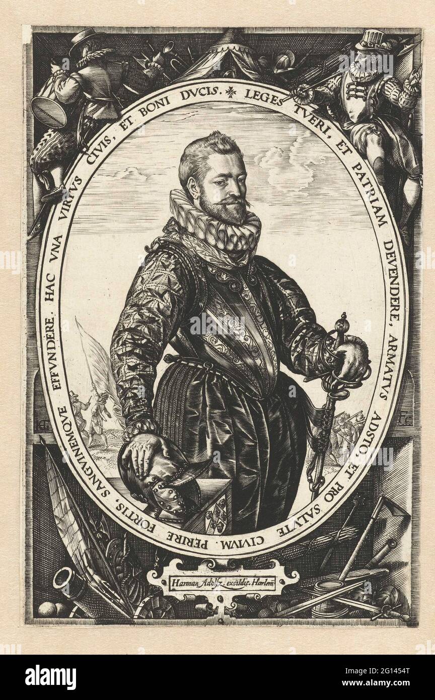 Porträt von Jacques de la Faille. Porträt von Jacques de la Faille (1548-1615), Oberst der Antwerpener Zivilgarde, nach 1584 Kaufmann in Haarlem. Stehend, nach links gedreht, rechte Hand auf Helm gelehnt, linke Hand auf Schwert. Vorname gekleidet. In oval mit einem peripheren. Anhänger des Portraits der Frau Josina Hamels. Stockfoto