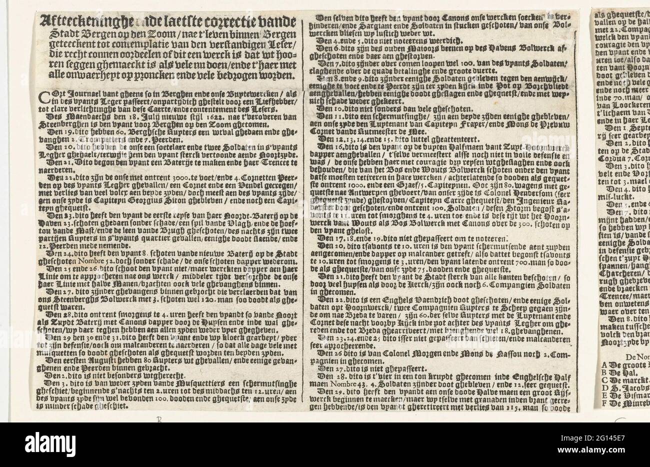 Textblatt im Bild von Bergen op Zoom Belagerung von Spinola, 1622; Afteckeninge und die jüngste Korrektur der Stadtberge auf dem Zoom / Nae t'leven in den Bergen begrüßten die Betrachtung der weisen Lektion (...). Textblatt zum Bild der gescheiterten Belagerung von Bergen op Zoom durch die spanische Armee unter Spinola und Velasco, Juli 18 - Oktober 3 1622. Text in 2 Spalten auf Niederländisch. Stockfoto