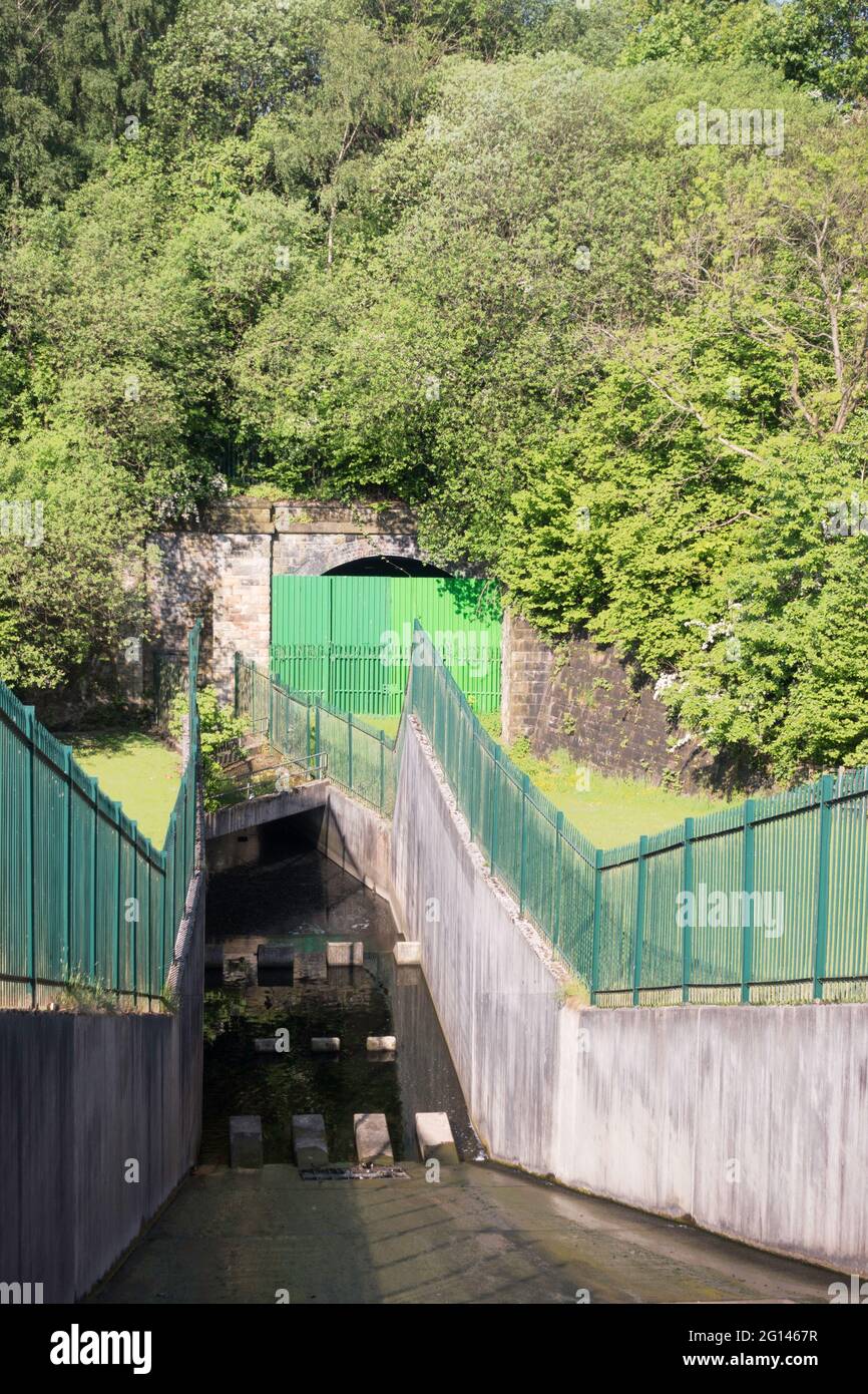 Der Auslauf aus dem unteren Stausee von Gorton mit einem verlassenen Eisenbahntunnel neben Manchester, England, Großbritannien Stockfoto
