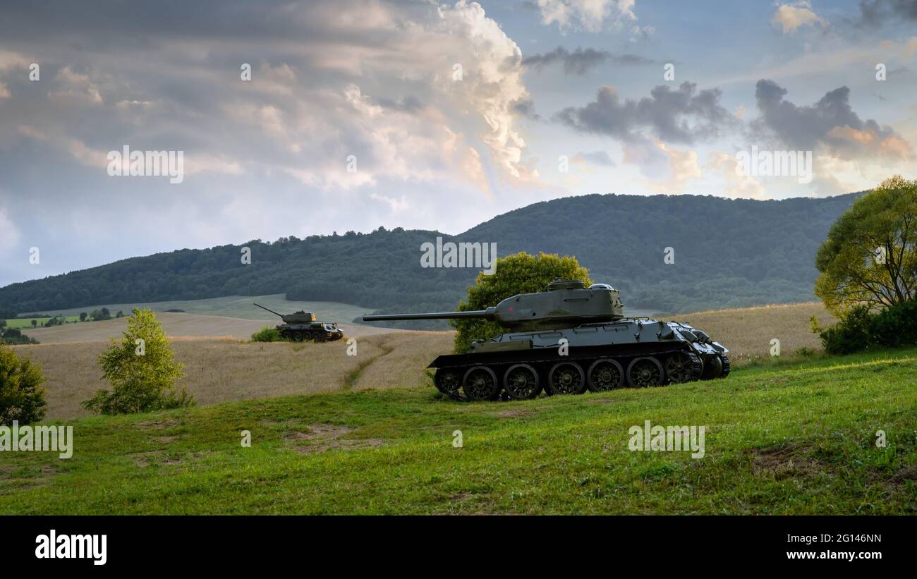 Sowjetischer mittlerer Panzer T-34 85 im Tal des Todes (Udolie smrti) - Kriegsgebiet des Zweiten Weltkriegs (Schlacht am Dukla-Pass). Slowakei - Region Svidnik. Stockfoto