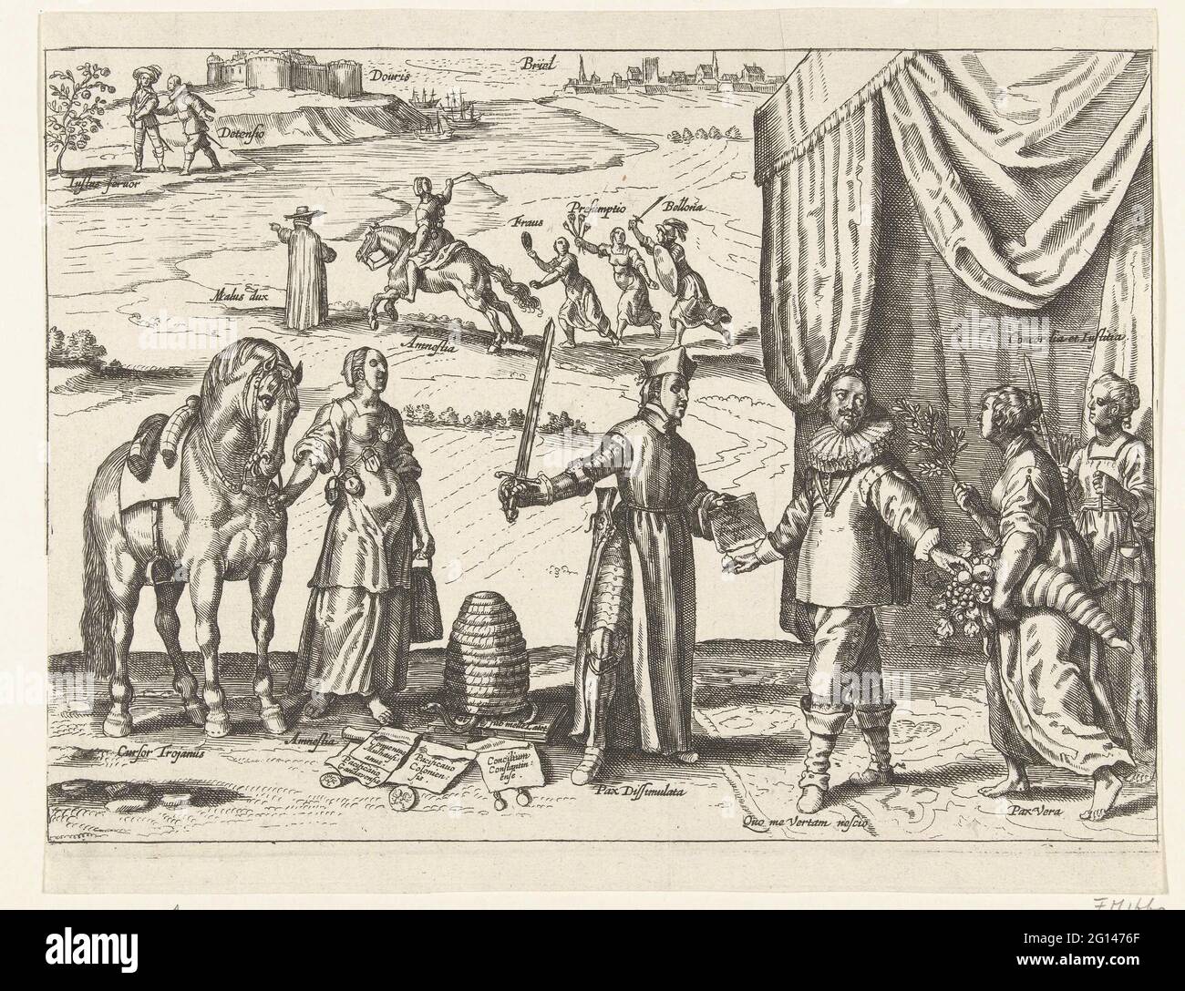 Allegorie auf die Regenburger Amnestie, 1640-1641; Rain Burger Amnestia. Allegorie auf die vorgeschlagene regardsburger Amnestie, Friedensgespräche in Regensburg zur Beendigung des dreißigjährigen Krieges, 1640-1641. Allegorie, in der Kaiser Ferdinand III. Zweifelhaft ist zwischen dem wahren Frieden der Einheit (concordia) und der Gerechtigkeit (Justitia) und dem falschen Frieden, einem Jesuiten mit Maske. Neben dem falschen Frieden General Pardon / Amnestie (Amnestia) mit dem Trojanischen Pferd. Im Hintergrund die Flucht Amnestias, gefolgt von Täuschung (Fraus), Presumptio (vorzeitige Annahme) und dem Krieg (Bellona). In der Ferne Dover und De Stockfoto