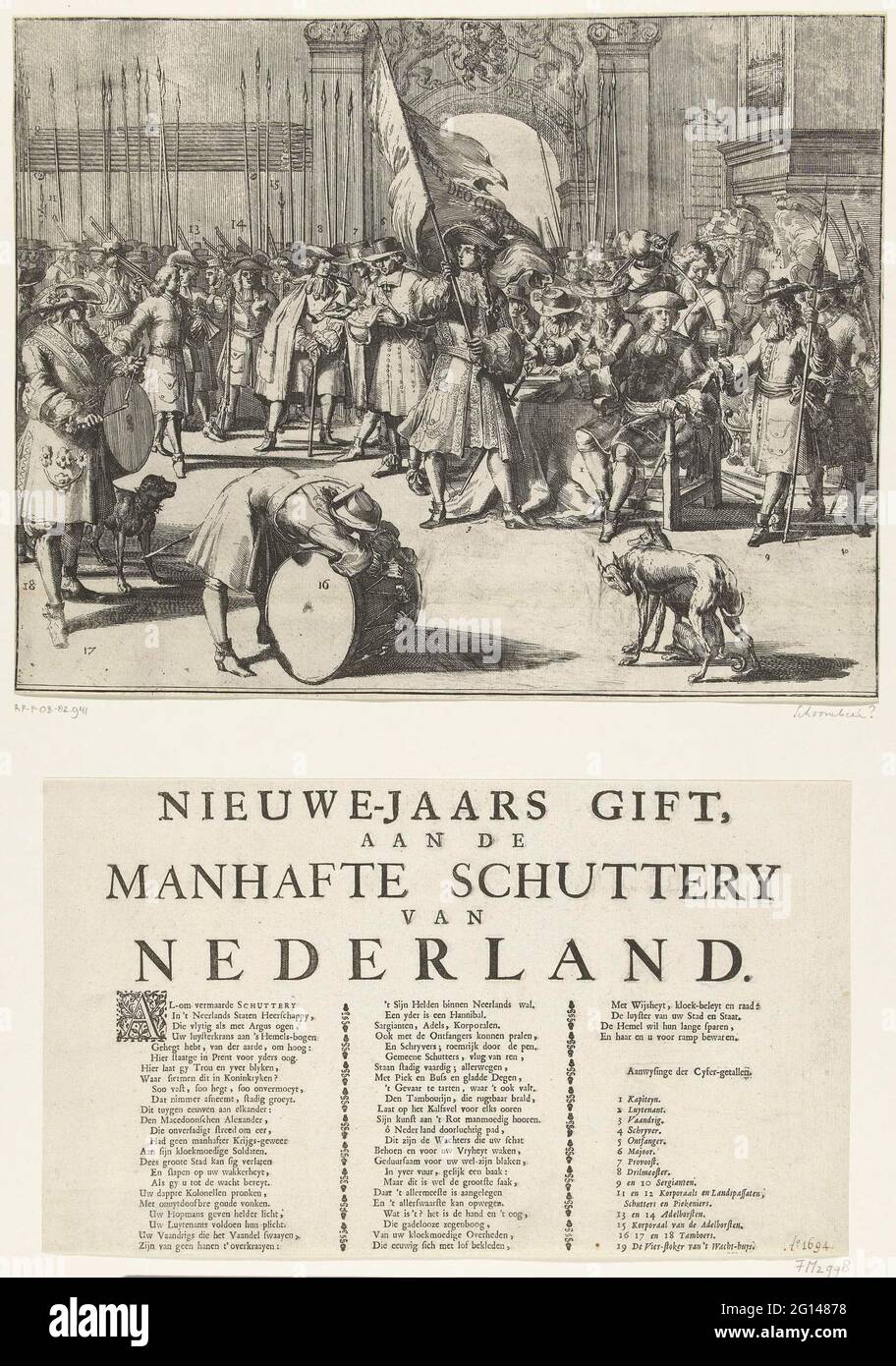 Neujahrsverlegungen für die Miliz, ca. 1700; Neujahrsgeschenk, in der Manhafte Schuttery in den Niederlanden. Neujahrsfahrt für die Miliz. Warteraum mit einer Gesellschaft der Schutterij. Die Platte enthält ein Textblatt mit einem Vers in drei Spalten mit der Legende 1-16 in den Reihen der Schützen. Stockfoto