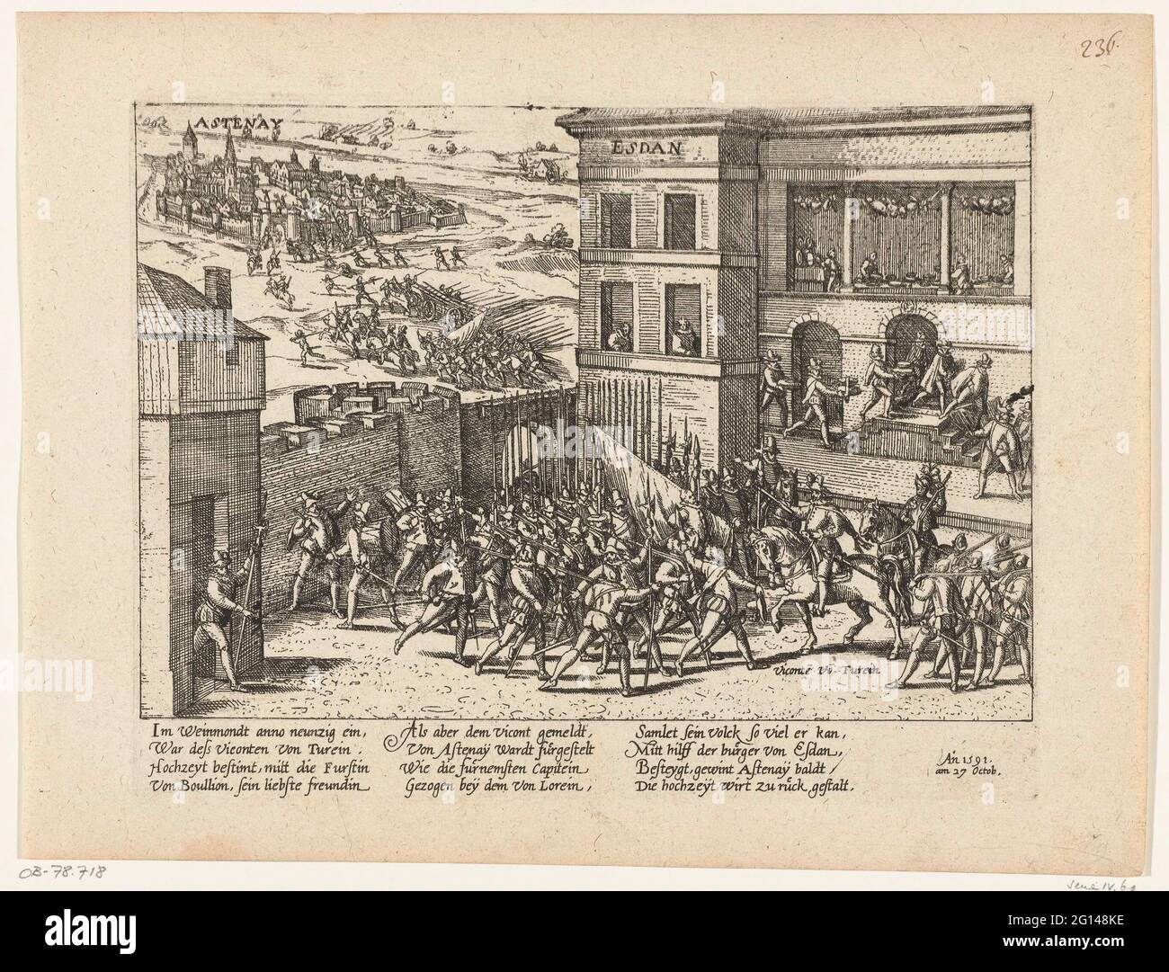 Hochzeit von Turenne und die Aufnahme von Stenay, 1591; Serie 4: Französische, deutsche und englische Ereignisse, 1576-1610. Hochzeit von Henri, Vicomte de Turenne mit Charlotte de la Marck in Sedan und die Aufnahme von Stenay, 27. Oktober 1591. Gesicht im Palast mit den Hochzeitsfeiern, oben links die Truppen nach Astenay. Mit einer Bildunterschrift von 12 Zeilen in deutscher Sprache. Nicht Nummeriert. Blatt aus einem Album, das zerlegt wurde. Oben rechts nummeriert (in Stift): 236. Stockfoto