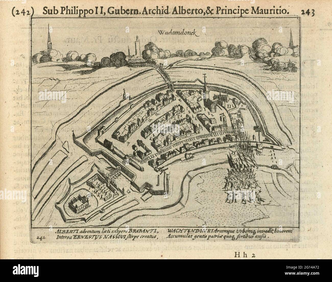 Eroberung von Wachtendonk, 1600. Eroberung durch Waitingonk durch Louis Gunther, Graf von Nassau, 23. Januar 1600. Plan der Stadt, über der Landschaft im Profil. Unten betreten die Staatstruppen am Kempense-Tor die Stadt. Mit einer lateinischen Beschriftung von 4 Zeilen. Nummeriert 242. Auf der Rückseite mit lateinischem Text bedruckt. Stockfoto