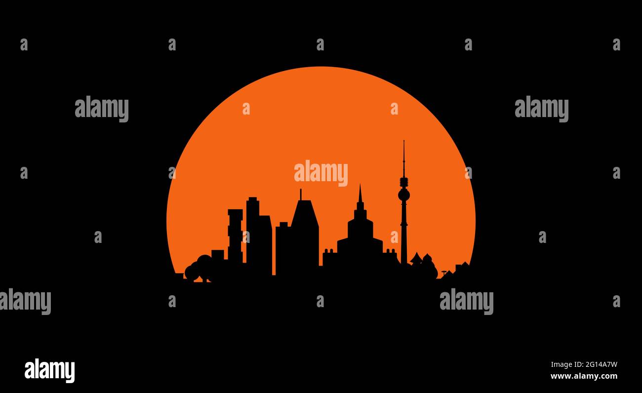 Skyline der Stadt bei Sonnenuntergang. Moderne und klassische Wolkenkratzer, Bäume und ein Fernsehturm. Schwarze Silhouette auf dem Hintergrund des Sonnenuntergangs. Vektorgrafik. Stock Vektor