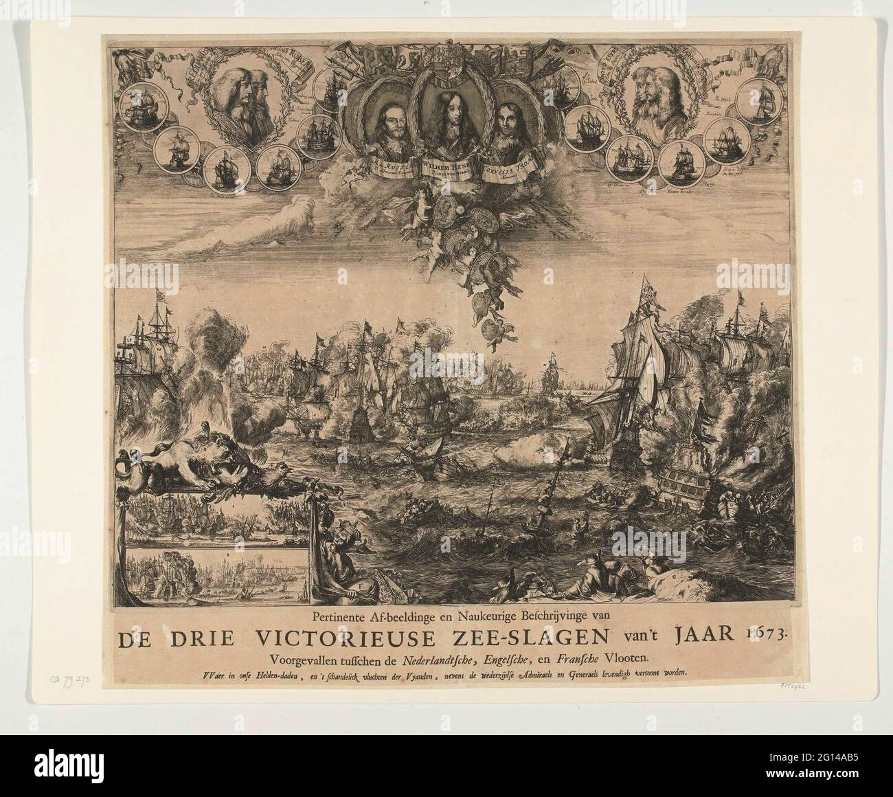 Drei Staat aus dem dritten englischen Krieg, 1673; dazugehörige AF-Aufnahme und Nautische Beschreibung der drei Victorieuse Meeresschläge des Jahres 1673. Nach den Nederlandschen, Engelsche und französischen Flotten. Drei Staat aus dem dritten englischen Krieg, 1673. Unten links in einer kleinen Kartusche die ersten beiden Striche für die Küste Zeelands auf der Ebene von Schoonevelt am 7. Juni und 14. Juni. Die Haupterstellung zeigt die Schlacht von Kijkduin am 21. August zwischen der Flotte der Republik Ruyter und der kombinierten englisch-französischen Flotte unter Prinz Rupert und Graf Jean d'Estrées. Obere Medaillons mit p Stockfoto