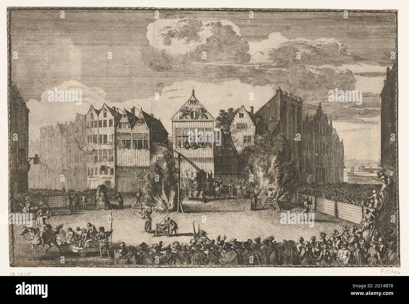 Der Haushalt von Jan Smidt in Dordrecht wurde vom 1538 befreit. Der Haushalt von Jan Smidt, alle Räuber und Mörder auf einem Platz in Dordrecht, ausgenommen, 26. Oktober 1538. Aus dem Haus mit der Waffe von Dordrecht lesen Sie das Urteil. Zu Gunsten der gesammelten Volksmenge werden die drei Familienmitglieder verurteilt, dann auf einem Wagen gefahren, gefoltert und schließlich verbrannt. Die Särge werden mit einem Pferd weggeschleppt. Stockfoto