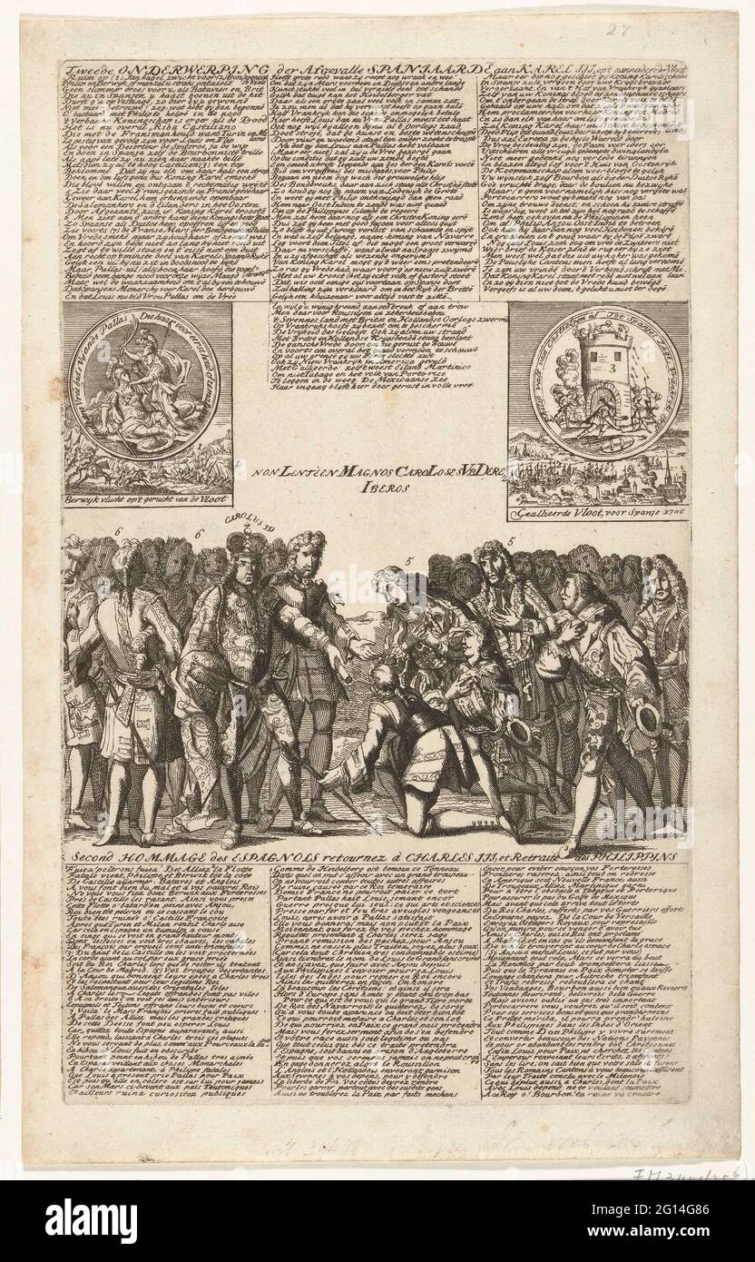 Ehrungen der Spanier an Karel III, 1706; ZWEITE Verehrung DER AFACELLE SPANIJDEN [N] an Karel III / zweite Hommage des Espagnols Retournez à Charles III, ET Retraite des Philippins; Royal Almanach von 1706 / 't Lusthof von Momus. Die Spanier (rechts) knien und beweisen dem Erzherzog Karl von Österreich (Karel III). An der Spitze zwei Medaillen, bei denen Lodewijk XIV. Von Königin Anna besiegt wird (Schlacht von Ramillies, 23. Mai 1706) und der Tod von Abimelech von einer Frau (der Beistand von Barcelona, 12. Mai 1706). In der Platte Verse in Niederländisch und Französisch. Karikatur zur Situation im Jahr 1706 in der Spanne Stockfoto