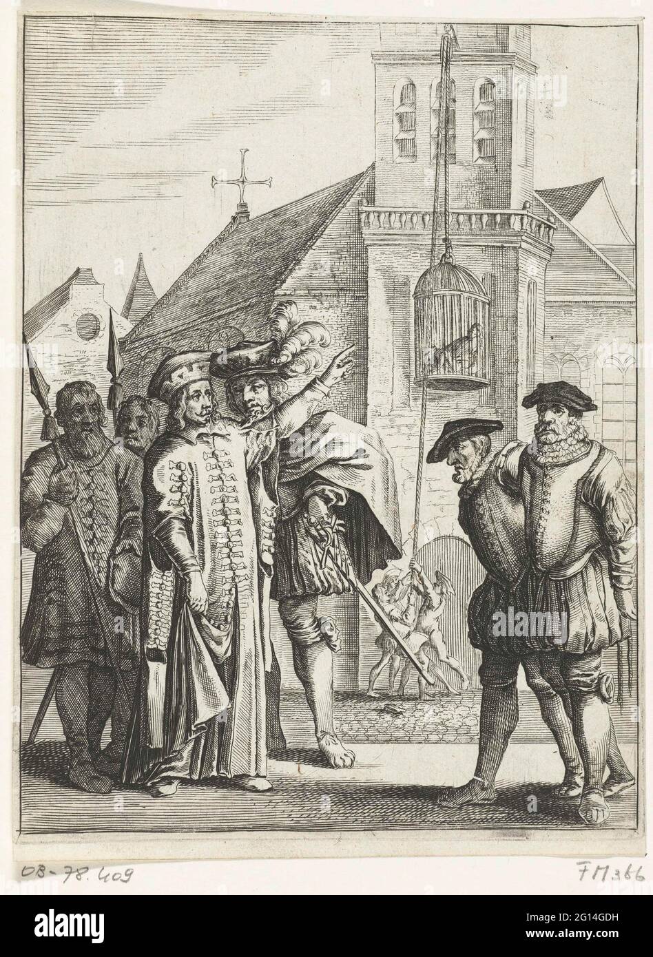 Jan Kruyze und Willem van Deutichem werden im Wassenaarskooi in Hattem, 1520, abwechselnd bestraft. Jan Kruyze, Steward von Salland und Willem van Deutichem, Schout van Deventer, werden im Käfig Wassenaar, dem Käfig von Jan van Wassenaar, in Hattem , 1520, getrimmt. Szene ist im Freien, im Hintergrund ist der Käfig auf der Außenseite des Kirchturms angehoben Stockfoto