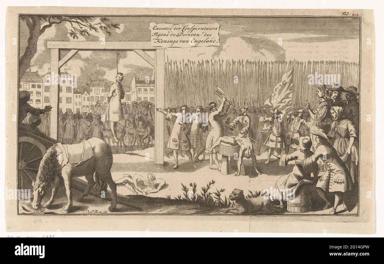 Mann am Galgen; Durchführung der Verschwörung gegen die Person der konings von England. Auf einem großen Platz gibt es Hunderte von Menschen und Soldaten, um zu sehen, wie ein Mann gefoltert wird. Ein anderer Mann hängt an einem Galgen. Auf dem Boden liegt der Körper eines dritten Mannes in zerrissenen Stücken. Stockfoto