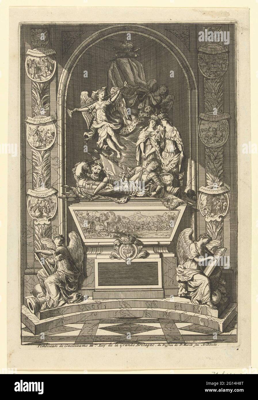 Grabmal für Willem III., Prinz von Oranien, 1702; Tombeaux De Guillaume IIIME. Roy de la Grande Bretagne. Grabmal für Willem III., gestorben am 19. März 1702. Nicht ausgeführter Entwurf mit dem Willem III, der in Rüstung auf seinem Sarg liegt, weinenden britischen und niederländischen Jungfrauen und dem Ruhm. Im Vordergrund zwei Schreibengel. Stockfoto