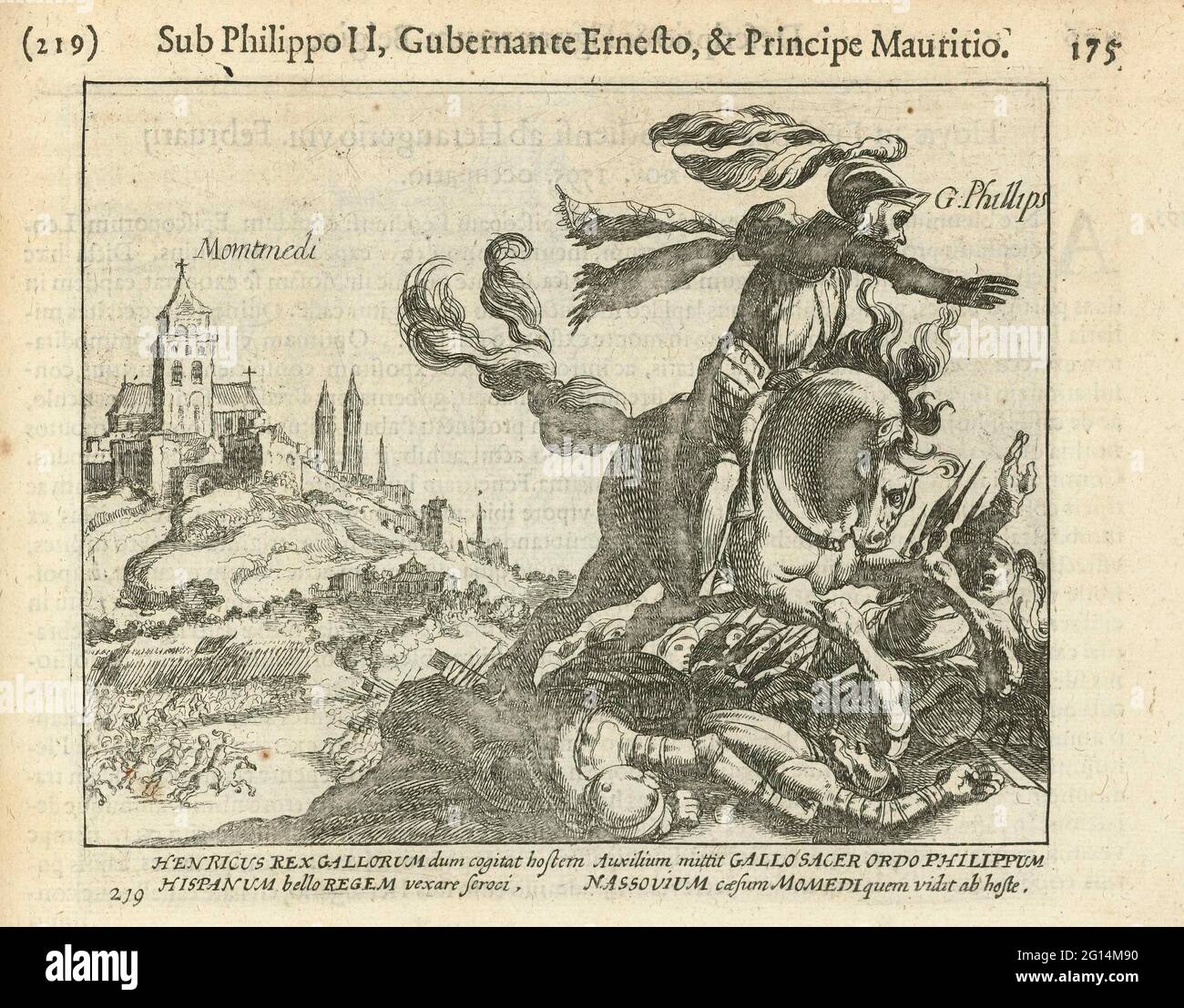 Ludwig Gunther, Prinz von Nassau-Siegen und Philipp, Graf von Nassau, kämpfen gemeinsam mit dem französischen König Heinrich IV. In Montmédy, 1595. Lodewijk Gunther, Prinz von Nassau-Siegen und Philipp, Graf von Nassau, kämpfen mit dem französischen König Hendrik IV. Montmédy, 1595. Im Vordergrund Graf Philipp von Nassau zu Pferd. Mit einer lateinischen Beschriftung von 4 Zeilen. Nummeriert 219. Auf der Rückseite mit lateinischem Text bedruckt. Stockfoto