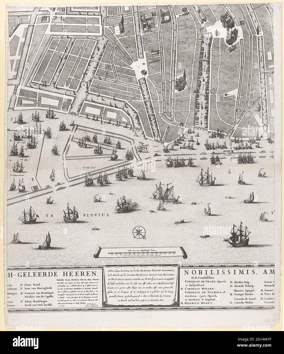 Karte von Amsterdam mit Entwurf und Umsetzung der vierten Erklärung (fünfter Teil); flache Basis aus dem alten und neuen Royinge der Stede Amsterdam Aenbeten mit allen öffentlichen Gebäuden, die aus dem alten Roying in 't Bruyn und dem neuen in' t Bleeck Wort uytgeprot stammen; Das neue beginnt, dass das alte Ufer mit gefärbten Linien signiert ist / Veteris Novaeque Urbis Amstelodamensis Ichnographia (...). Fünfter Teil einer Karte von Amsterdam mit Entwurf und Ausführung der vierten Erklärung, bestehend aus sechs Teilen. Keine Nummerierung (mehr) sichtbar. Stockfoto