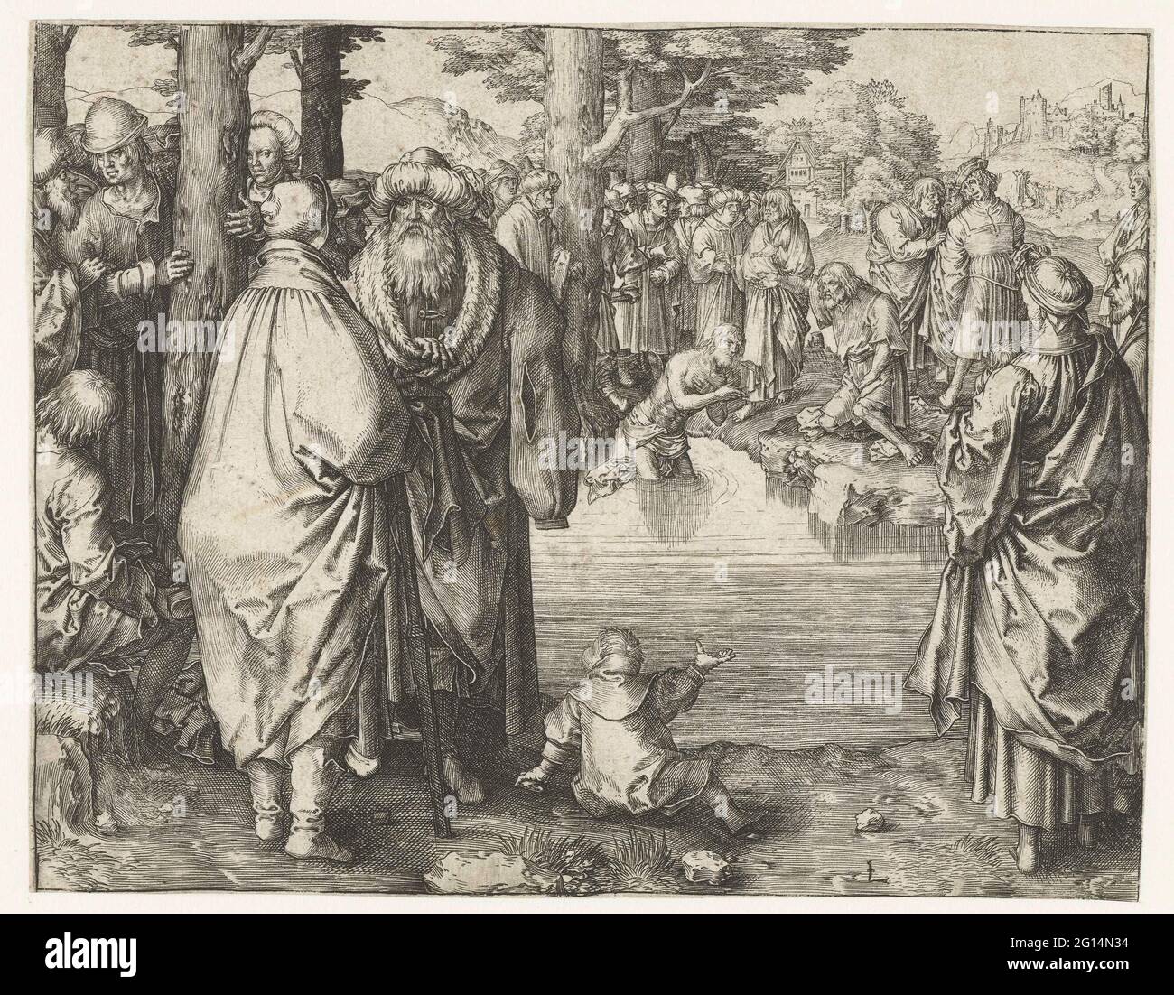 Taufe Christi im Jordaan. Christus im Fluss stehend, schafft Johannes Wasser über dem Haupt Christi. Viele Zuschauer rund um die Taufe. Stockfoto