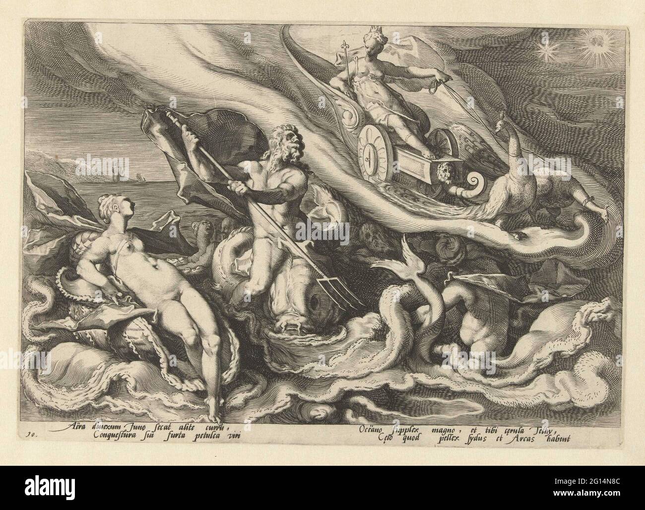 Juno beklagt Thetis und Oceanus; die Metamorphosen von Ovidius. Juno kommt mit ihrem von zwei Pfauen gezogenen Auto bei Thetis und Oceanus Zeegoden an, um sich über die ehrenvolle Behandlung zu beschweren, die Callisto und ihr Sohn Arcas Jupiter erhalten haben. Unter der Show zweimal zwei Zeilen lateinischen Text. Dieser Druck ist Teil einer Serie von 52 Drucken, die Geschichten aus Ovidius' Metamorphosen darstellen. Diese Serie variiert in drei nummerierten Serien: Zwei von 20 Abzügen und einer von 12 Abzügen. Dieser Druck gehört zur zweiten Serie. Stockfoto