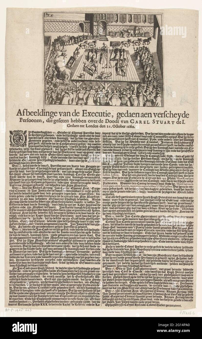 Hinrichtung von Personen, die für schuldig befunden wurden, des Todes von Charles I., 1660; durch die Hinrichtung machte eine besorgte Person, die über die Tötungen von Carel Stuart de I nach London, 16. Oktober, gezankte. Oktober 1660. Hinrichtung mehrerer Personen, die für die Enthauptung von König Karl I. im Jahr 1649 nach London am 21 1660. Oktober verantwortlich waren. Auf der unter die Platte gepressten Klinge EINE Beschreibung in 2 Spalten auf Niederländisch, hier die Hinrichtungen von Jan Carew (Oktober 25) Jan Cook (Oktober 26) und Thomas Scot (27. Oktober). Stockfoto