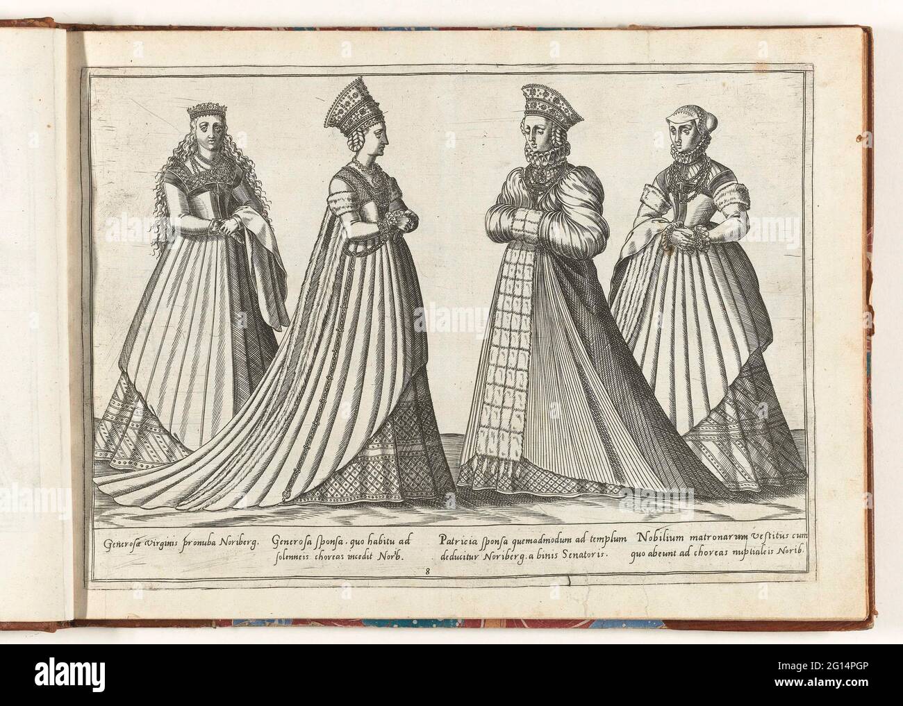 Vier Frauen, nach Nürnberger Mode gekleidet, ca. 1580. Druck aus dem Buch 'Omnium Pene Europae, Asiae, Aphricae atque Americae gentium Habitus ...', 1581. Der Druck ist Teil eines Albums. Stockfoto