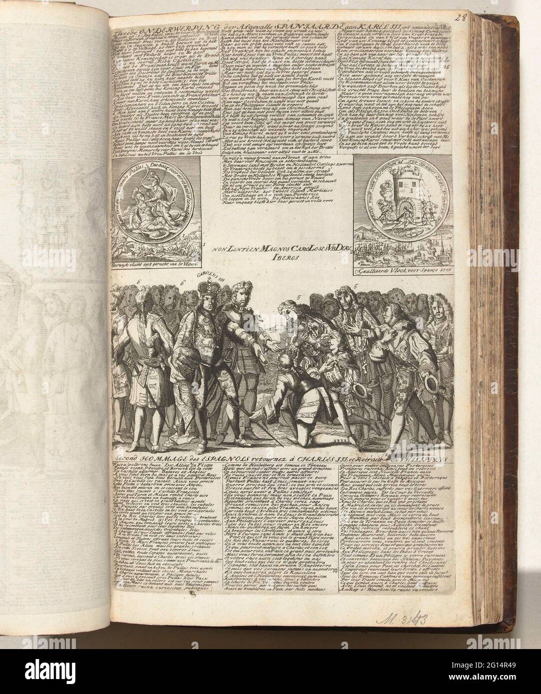 Ehrungen der Spanier an Karel III, 1706; ZWEITE Verehrung DER AFACELLE SPANIJDEN [N] an Karel III / zweite Hommage des Espagnols Retournez à Charles III, ET Retraite des Philippins; 25. Entschieden. Die zweite Unterordnung der Afgelle-Spanier an Karl III.; Bycup an die Koninglyke Almanach, genannt Gulde-Jahr der Alliierten, 1706 / 't Lusthof von Momus. Die Spanier (rechts) knien und beweisen dem Erzherzog Karl von Österreich (Karel III). An der Spitze zwei Medaillen, bei denen Lodewijk XIV. Von Königin Anna besiegt wird (Schlacht von Ramillies, 23. Mai 1706) und der Tod von Abimelech von einer Frau (der Beistand Stockfoto