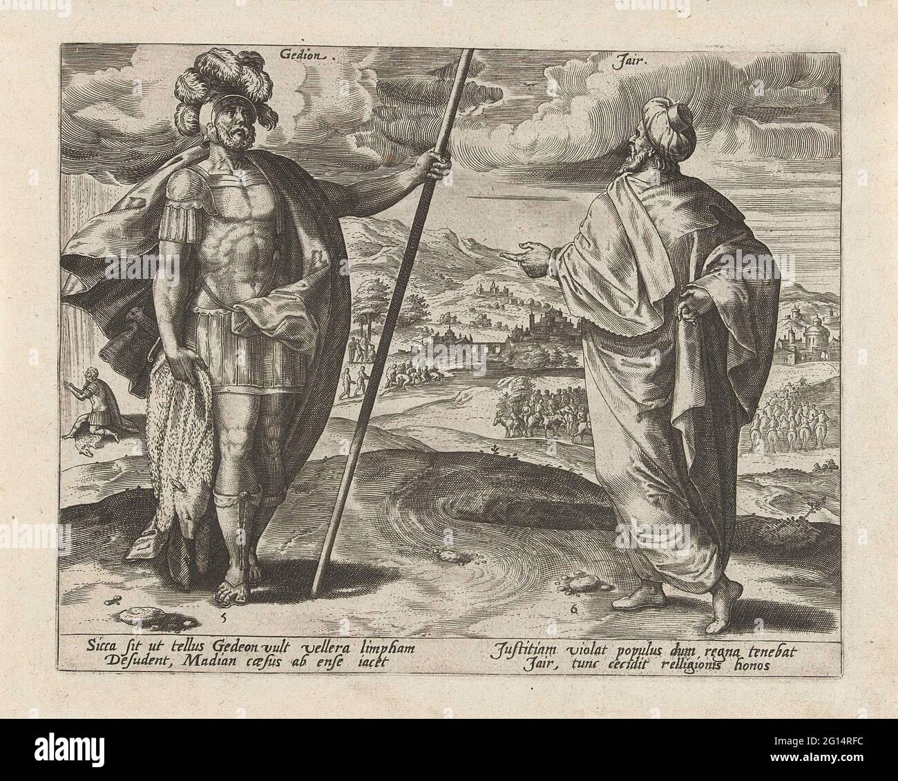 Gideon und Jair, die zwölf Richter Israels. Im Vordergrund der fünfte und sechste Richter Israels: Gideon und Jain. Im Hintergrund zwei Geschichten aus ihrer Zeit. Links im Hintergrund betet Gideon auf einem Ramshuid-Gott zu einem Zeichen. Rechts im Hintergrund die dreißig Söhne Jairs, die auf Eseln reiten. Der Druck hat eine lateinische Beschriftung. Stockfoto