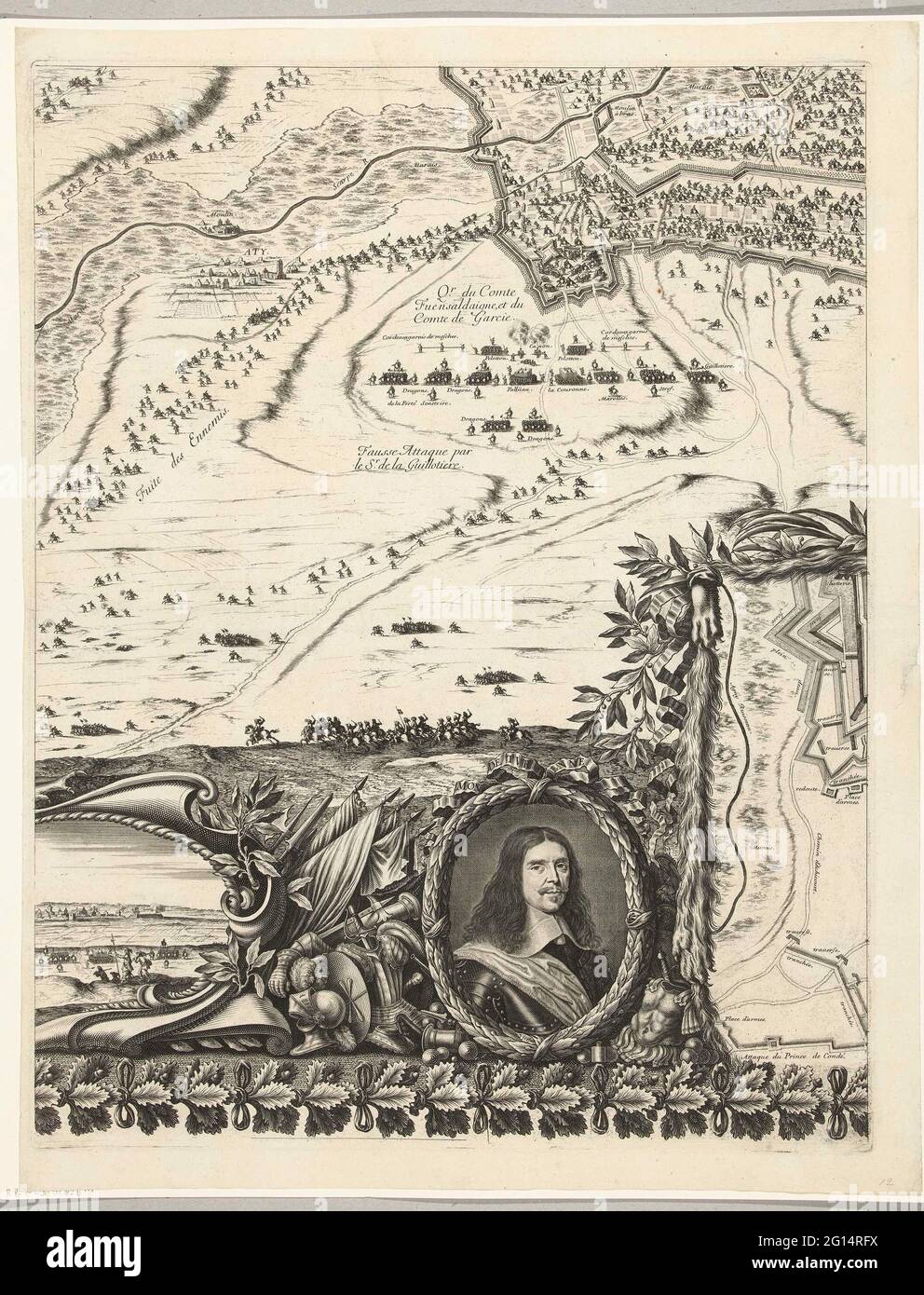 Appetent von Arras, belagert von den Spaniern (untere Reihe, Tafel 2), 1654; Le Siege d'Arras Leve Par La Defaite des Ennemis 1654. Befreit von der Stadt Arras (Atrecht), belagert von den Spaniern, 23-25. August 1654. Arras wurde von der französischen Armee unter der Marschallpierne der Belagerung durch die Spanier unter Louis de Condé und Erzherzog Leopold Willem enthoben. Zweites Blatt in der unteren Reihe. Ein Teil des Toppings des Toppings mit flüchtenden Truppen, am unteren Rand eines Teils der Kartusche mit der Aufnahme von St. Paul, ein Porträt von Marschall Turenne und ein Teil der Verpflichtung zu einer detaillierten Aufführung von Stockfoto