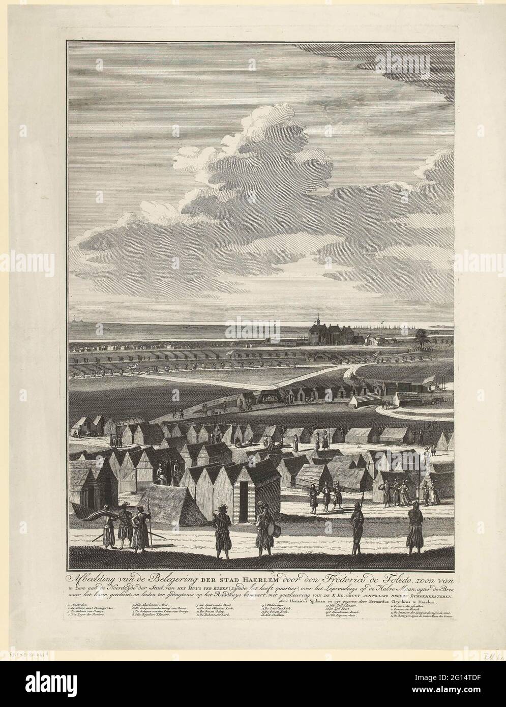 Belagerung Van Haarlem, 1572-1573 (linkes Blatt); Bild der Belagerung der Stadt Haerlem durch Don Frederico De Toledo, Sohn des Herzogs von Alva in den Jahren 1572 und 1573, um die Noordzyde der Stadt vom Huys ter Kleef aus zu sehen Über die Leprooshuys auf dem Halbmond, Agter de BRES, in den Stadtmauern, und die Schansen der Spanier, zur Zeit des (...) / vue du Siege de la Ville de Haerlem Par Don Frederic De Tolede, Fils du Duc D ' Albe l'Année 1572 & 1573 (...). Belagerung der Stadt Haarlem in den Jahren 1572-1573 durch die Spanier unter Fadrique Alvarez de Toledo (Don Fr. Stockfoto