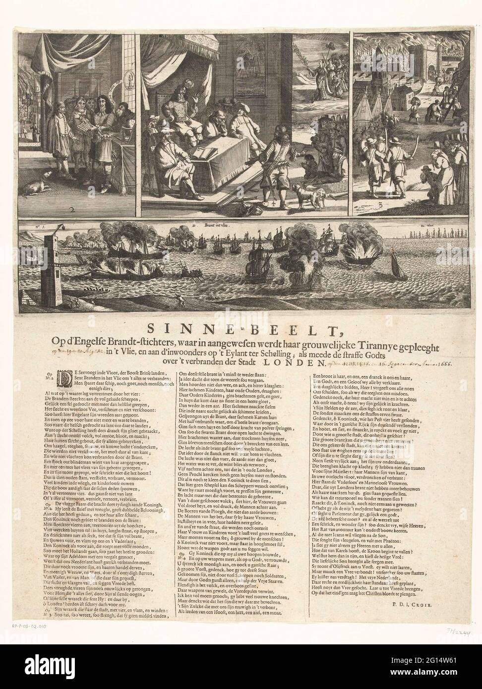 Allegorie auf den englischen König Charles II und die Brandstiftung auf Terschelling, 1666; Sinne-Beel, bei d'English Brandt Gründer, wo in Angere, ihre Grouwelijcke Tirannye wurde in 't Vlie, und bei d'retting auf' t Eylant zu Schelling; Wenn die Struktur der Godts über 't Bunten der Stadt London. Allegorie auf den englischen König Karl II. Und den Großbrand von London als Strafe Gottes für die Brandstiftung auf Terschelling, 1666. Blatt mit vier Aufführungen nummeriert 1-4. Absenderplatte 1: Verbrennung der niederländischen Handelsflotte in der Vlie und Brandstiftung auf der Insel Terschelling, links von den Brandaris, 18-20 Augustus. A Stockfoto