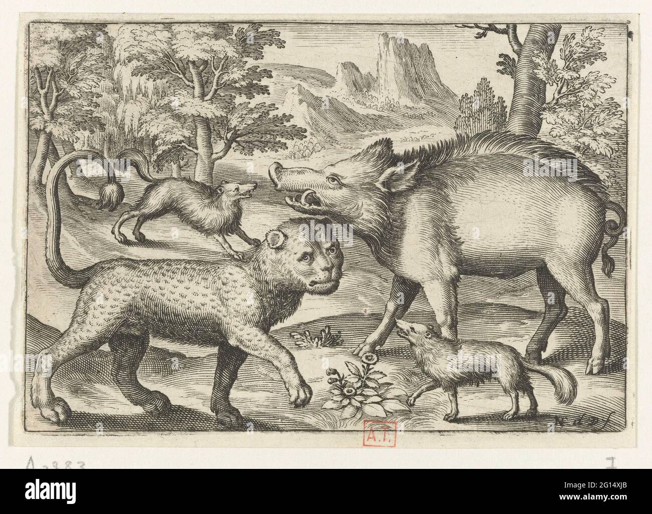 Leopard, Wildschwein und zwei Hunde; Animalivm qvadrvpedvm; Tiere in Landschaften. Stockfoto