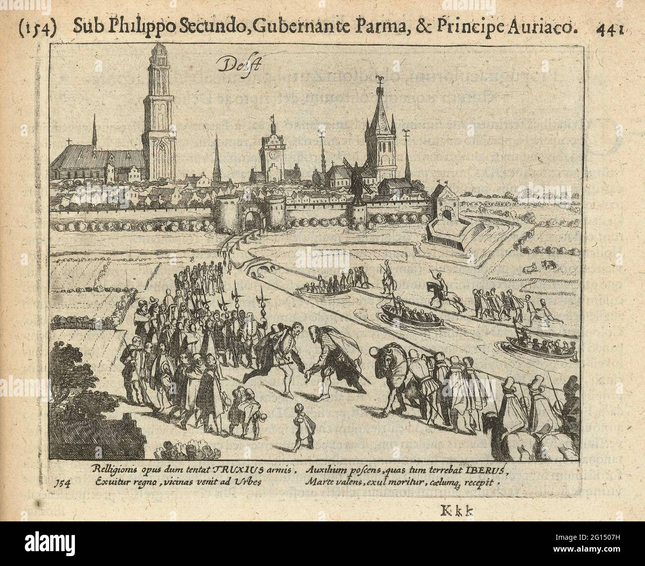 TRUCHSESS wird 1584 in Delft empfangen. BARD TRUCHSESS, BISSCHOP OF CHOOLS, wird am 20. April 1584 in Delft aufgenommen. Eine Delegation aus der Stadt trifft den Bischof außerhalb der Stadt. Episode aus dem Keulse-Krieg. Mit einer lateinischen Beschriftung von 4 Zeilen. Nummeriert 154. Auf der Rückseite mit lateinischem Text bedruckt. Stockfoto