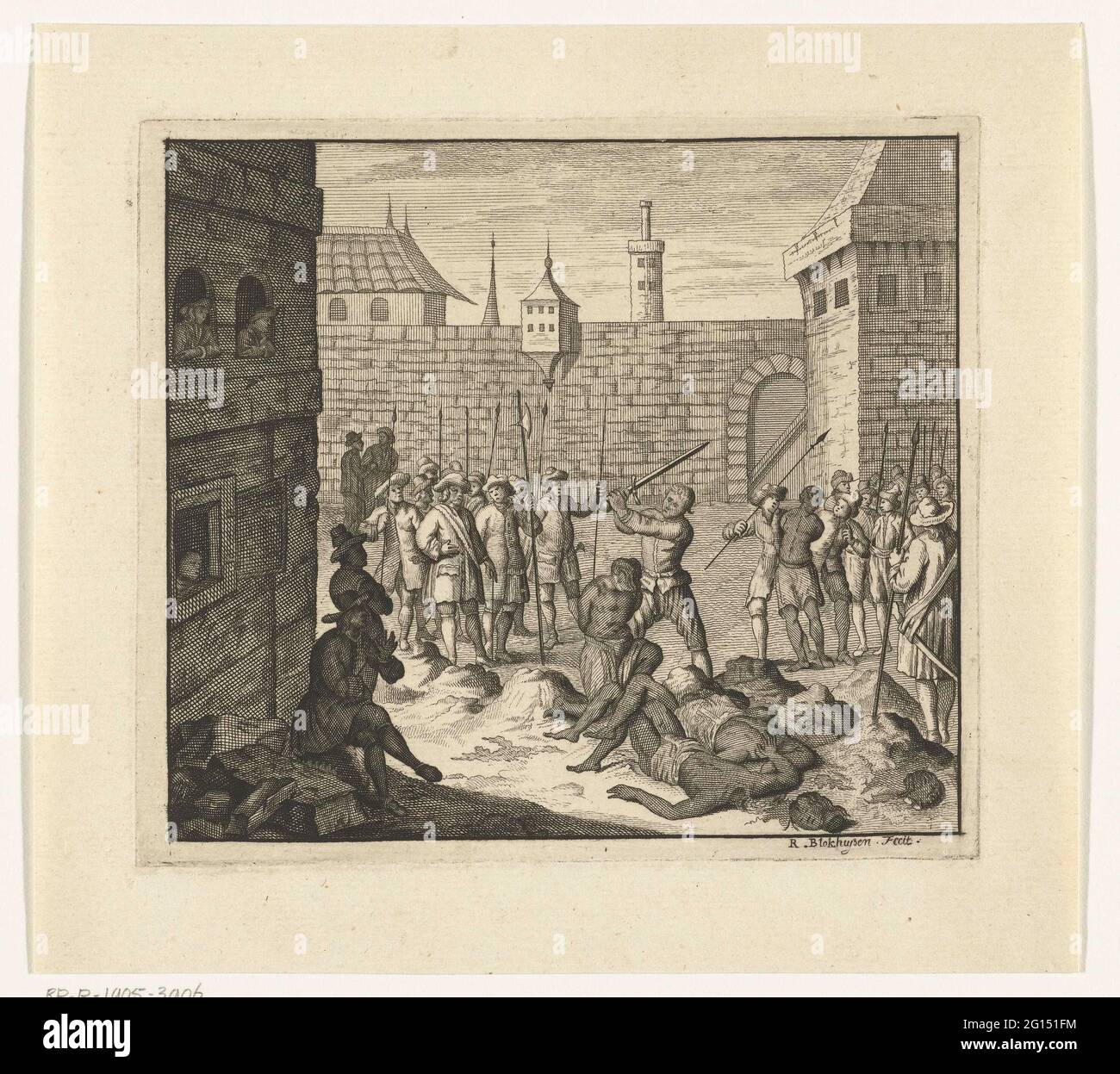 Beul enthauptete schwarze Männer auf einem Platz. Viele schwarze Männer enthaupteten auf einem Platz unter den wachsamen Augen einer Armee. Stockfoto