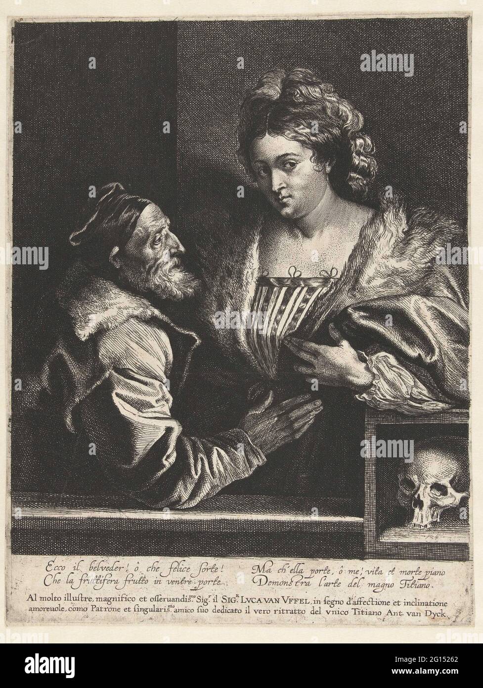 Tizian und seine Geliebte. Kopie zum Selbstporträt von Tizian mit einer jungen Frau. Unten rechts ein Schädel. Das Gemälde von Titian ist verloren gegangen, durch die Radierung von Van Dyck wissen wir, wie das Porträt aussah. Unter dem Porträt im Rand ist eine Widmung an den Händler und Kunstliebhaber Lucas van Uffel und ein italienisches Gedicht zu sehen. Stockfoto