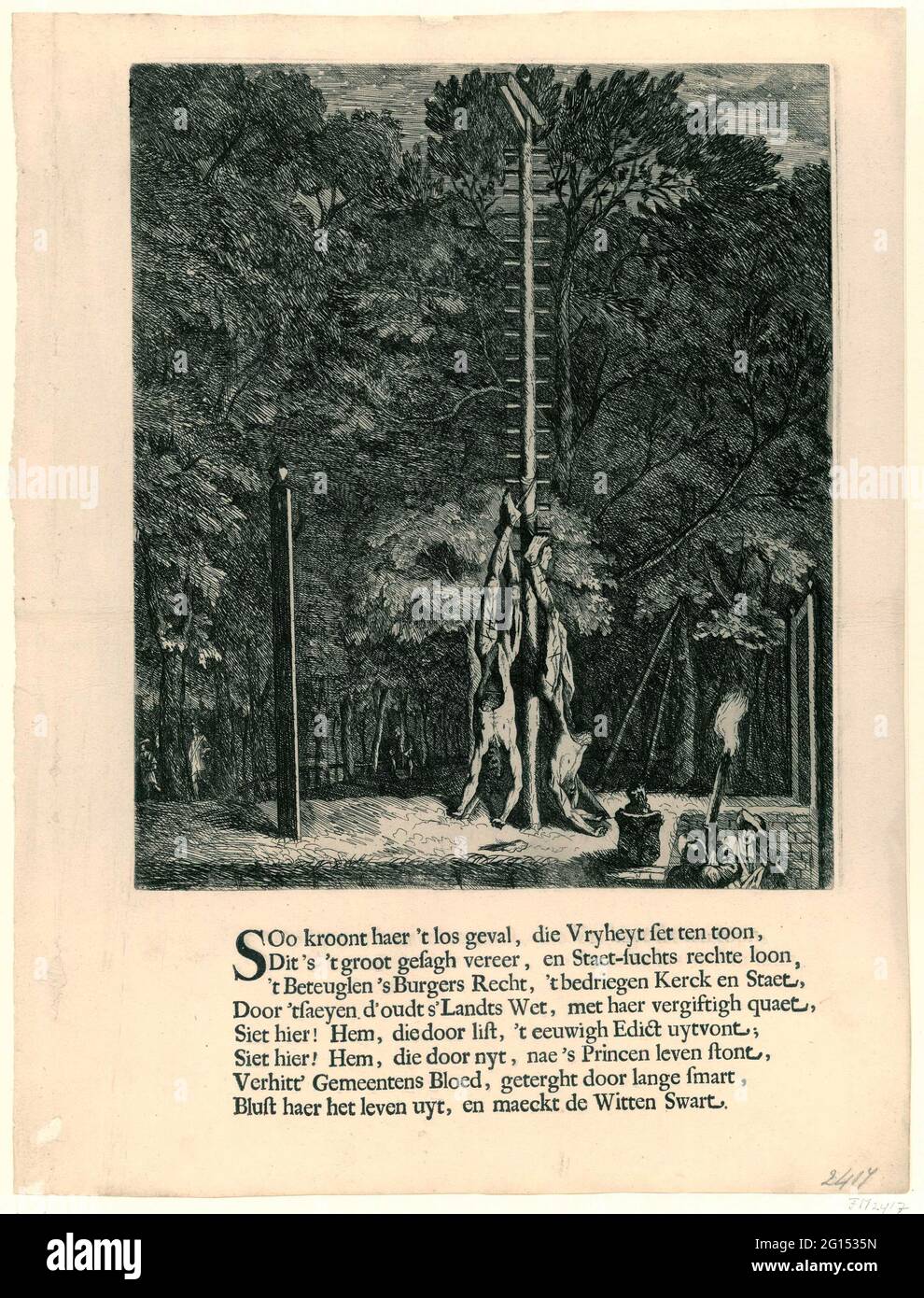 Die verstümmelten Leichen der Gebrüder De Witt hängen an der Wippe, 1672. Nächtliche Präsentation der verstümmelten Körper von Johan und Cornelis de Witt, die an der Wippe hängen, vor einem Hintergrund der Bäume am Vijverberg, 20. August 1672. Rechts im Vordergrund zwei Figuren mit brennender Fackel. Unter der Show ein Vers von acht Regeln gegen die Brüder De Witt. Stockfoto