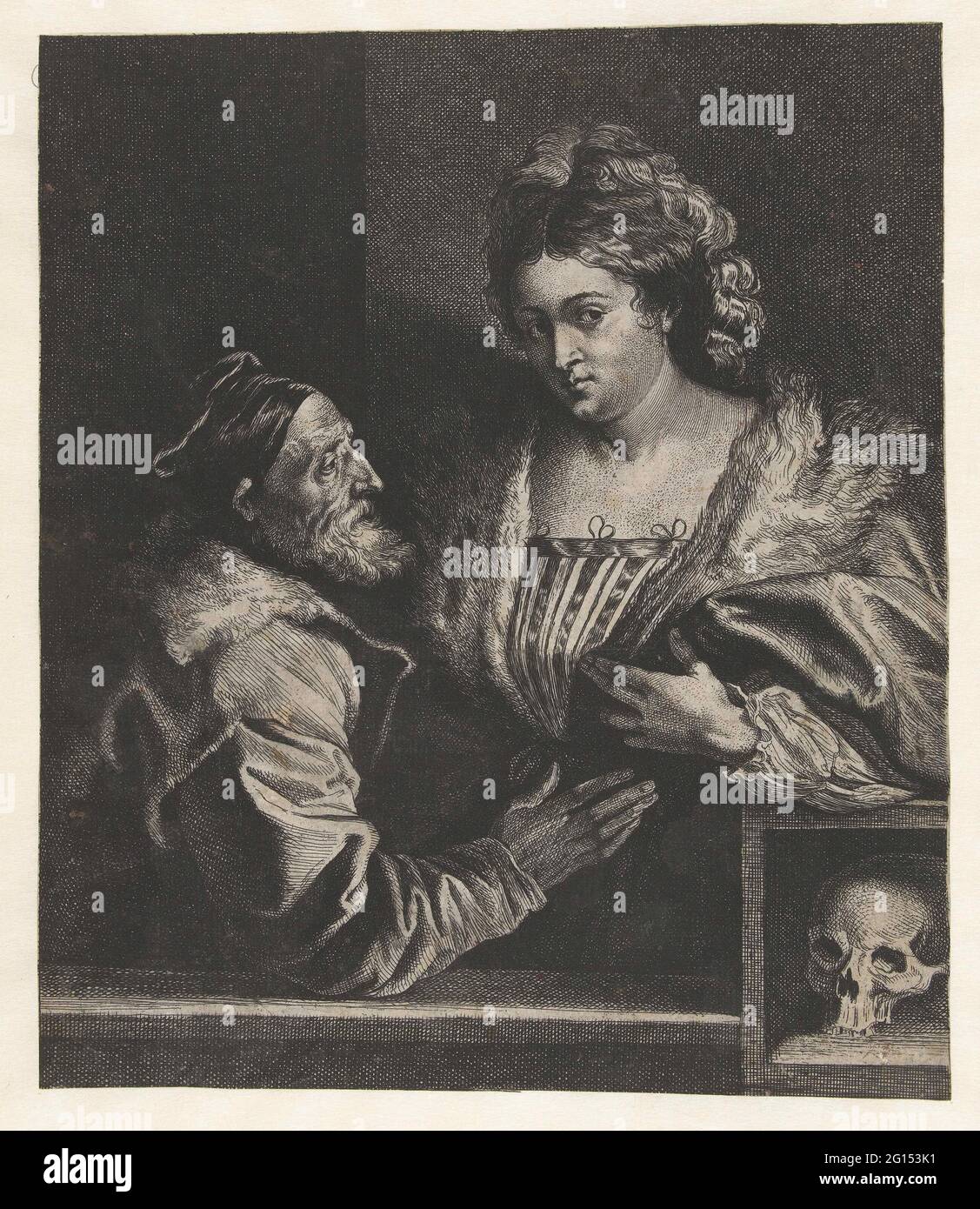 Tizian und seine Geliebte. Kopie zum Selbstporträt von Tizian mit einer jungen Frau. Unten rechts ein Schädel. Das Gemälde von Titian ist verloren gegangen, durch die Radierung von Van Dyck wissen wir, wie das Porträt aussah. Darunter ist eine Widmung an den Händler und Kunstliebhaber Lucas van Uffel und ein italienisches Gedicht zu sehen. Stockfoto