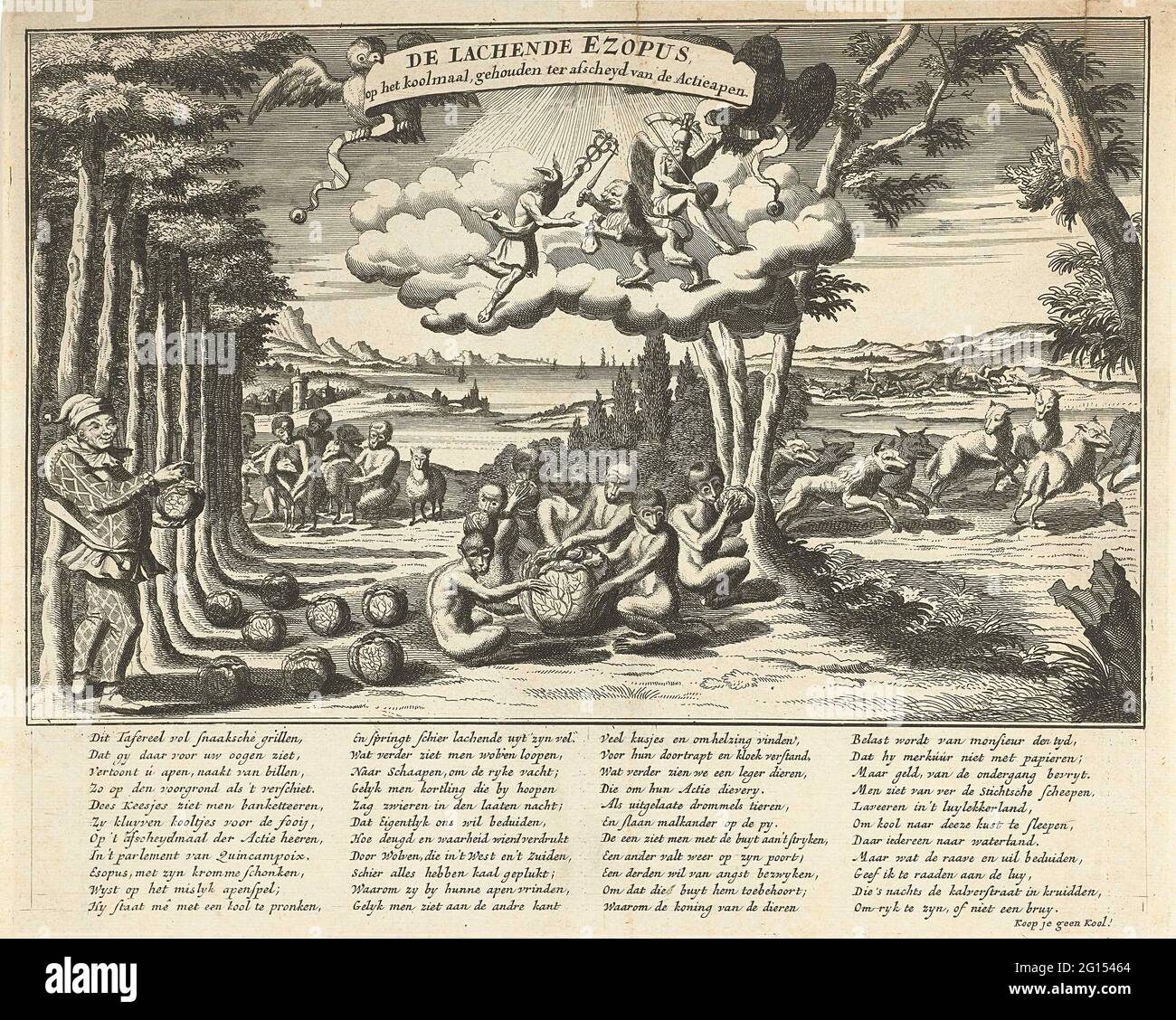 Der lächelnde aesopus am Blütenblatt zum Abschied der Action-Affen, 1720; der lächelnde Ezopus, auf dem Karpfenmahl, hielt die Action-Affen getrennt; die große Szene der Torheit. Links ist der lächelnde Aesopus, Bombario in Harlekijnspak, mit einer Gruppe von Affen, die Kohle kühlen (die Opfer des Windhandels). Auf der rechten Seite jagen Wölfe auf Schafen. In den Mercurius-Wolken, der niederländischen Löwen- und Vaterzeit. In der Bildunterschrift ein Vers in vier Spalten. Print 48 in der Serie der großen Szene der Torheit mit Patronen auf dem Windhandel 1820. Stockfoto