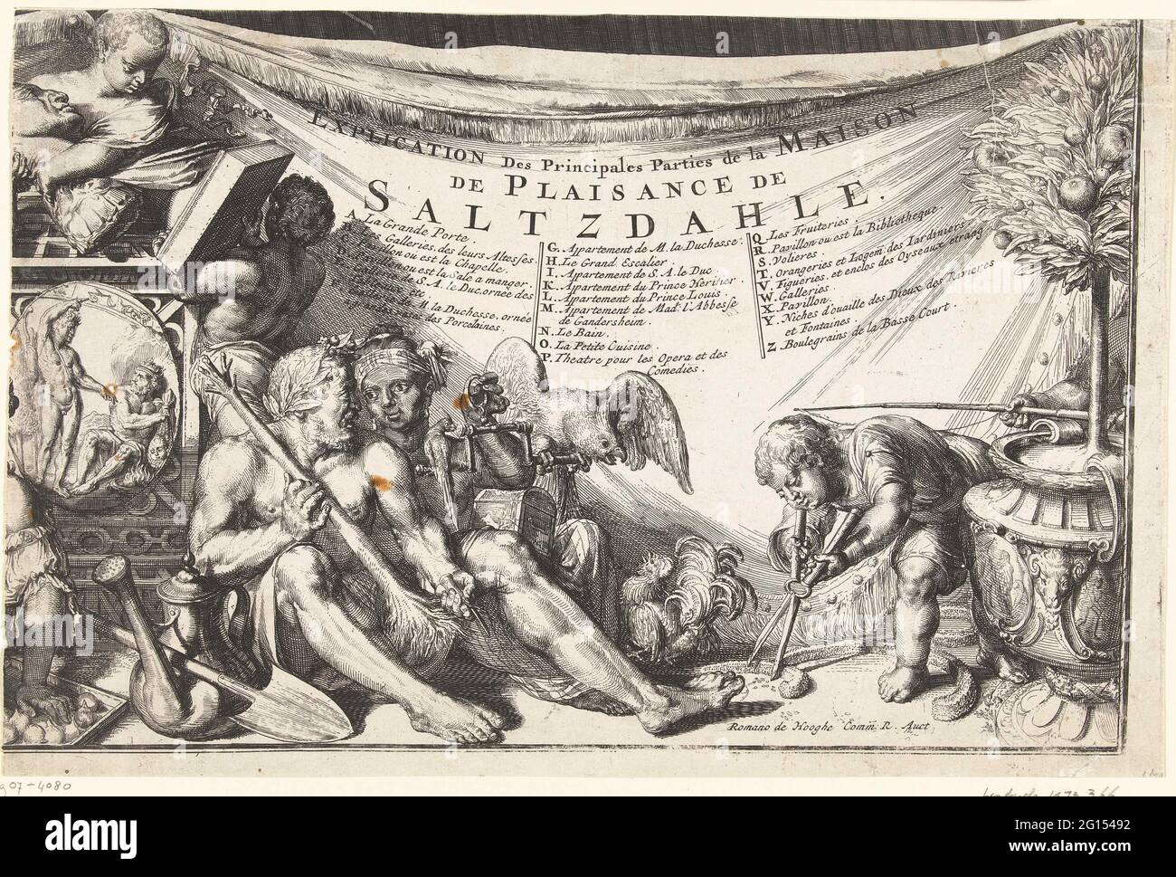 Blick auf die Burg Salzdahlum (rechter Teil der unteren Blätter); Erklärung der Principales Parties de la Maison de Plaisance de Saltzdahle .. Einige exotische Figuren sind bei Wetter mit Heckenschere, Papagei, Sittich, Buch, Skulptur und Baumstamm. Ein Tuch mit einer französischsprachigen Legende vor dem Hintergrund. Dieses Blatt ist Teil (Ecke unten rechts) eines Abdrucks mit einer Vorderseite des Schlosses Salzdahlum, der aus drei Blättern besteht. Stockfoto