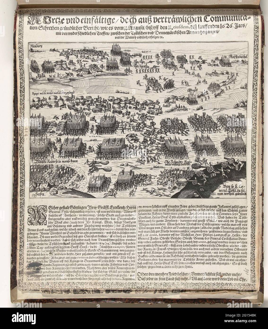 Schlacht von Imperial Tilly Trupps und dänischen Truppen bei Lutter, 1626; Kurthe und Einfältige, Außerordentlichen Communication Schreiben gründlicher News Wer Es vom 24/14 Augusti / Biß den 27/17 EiSdem, Diß Lauffen 1626 Jars mit den verschiedenen Meet Zwischen der Tullischen und Dennemärckischen Armen Hergaks und die Victory endlich Grado; Serie 11: Varia Foreign Events, 1571-1631. Schlacht der kaiserlichen Truppen von General Tilly und dänischen Truppen in Lutter, 24-27. August 1626. Über der Unterseite der Schau eine Beschriftung von zwei Spalten in deutscher Sprache. Unten mit nummeriertem Stift: 414. Der Druck ist Teil o Stockfoto
