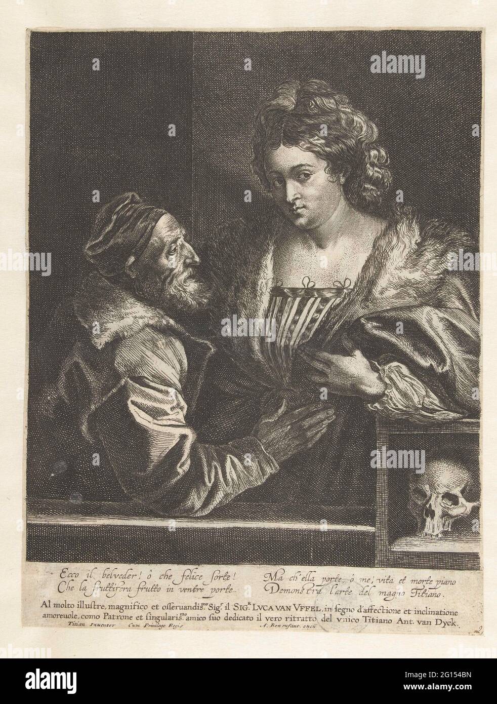 Tizian und seine Geliebte. Kopie eines Selbstporträts von Tizian mit einer jungen Frau. Rechts ein Schädel. Das Gemälde von Titian ist verloren gegangen, durch die Radierung von Van Dyck wissen wir, wie es aussah. Bildunterschrift mit einer Widmung an den Händler und Kunstliebhaber Lucas van Uffel und einem italienischen Gedicht. Stockfoto