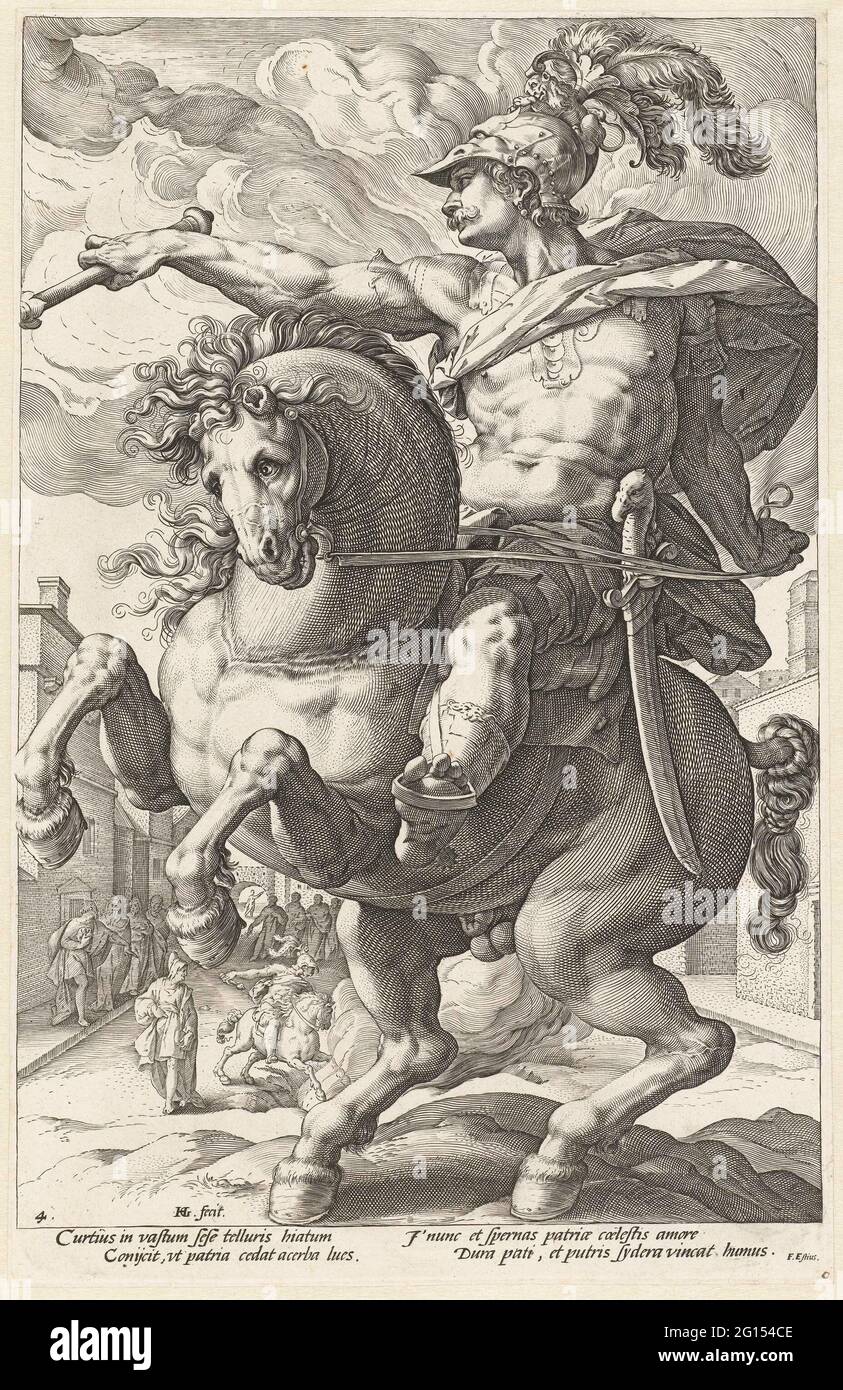 Marcus Curtius; die rmischen Helden. Der Held Marcus Curtius zu Pferd, ein  Stab des Kapitns in der rechten Hand. Im Hintergrund sieht man, wie er mit  Pferd und schon in einer Lcke
