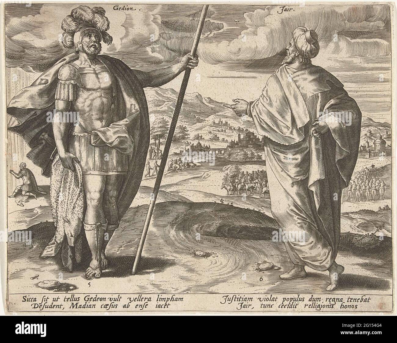Gideon und Jair, die zwölf Richter Israels. Im Vordergrund der fünfte und sechste Richter Israels: Gideon und Jain. Im Hintergrund zwei Geschichten aus ihrer Zeit. Links im Hintergrund betet Gideon auf einem Ramshuid-Gott zu einem Zeichen. Rechts im Hintergrund die dreißig Söhne Jairs, die auf Eseln reiten. Der Druck hat eine lateinische Beschriftung. Stockfoto