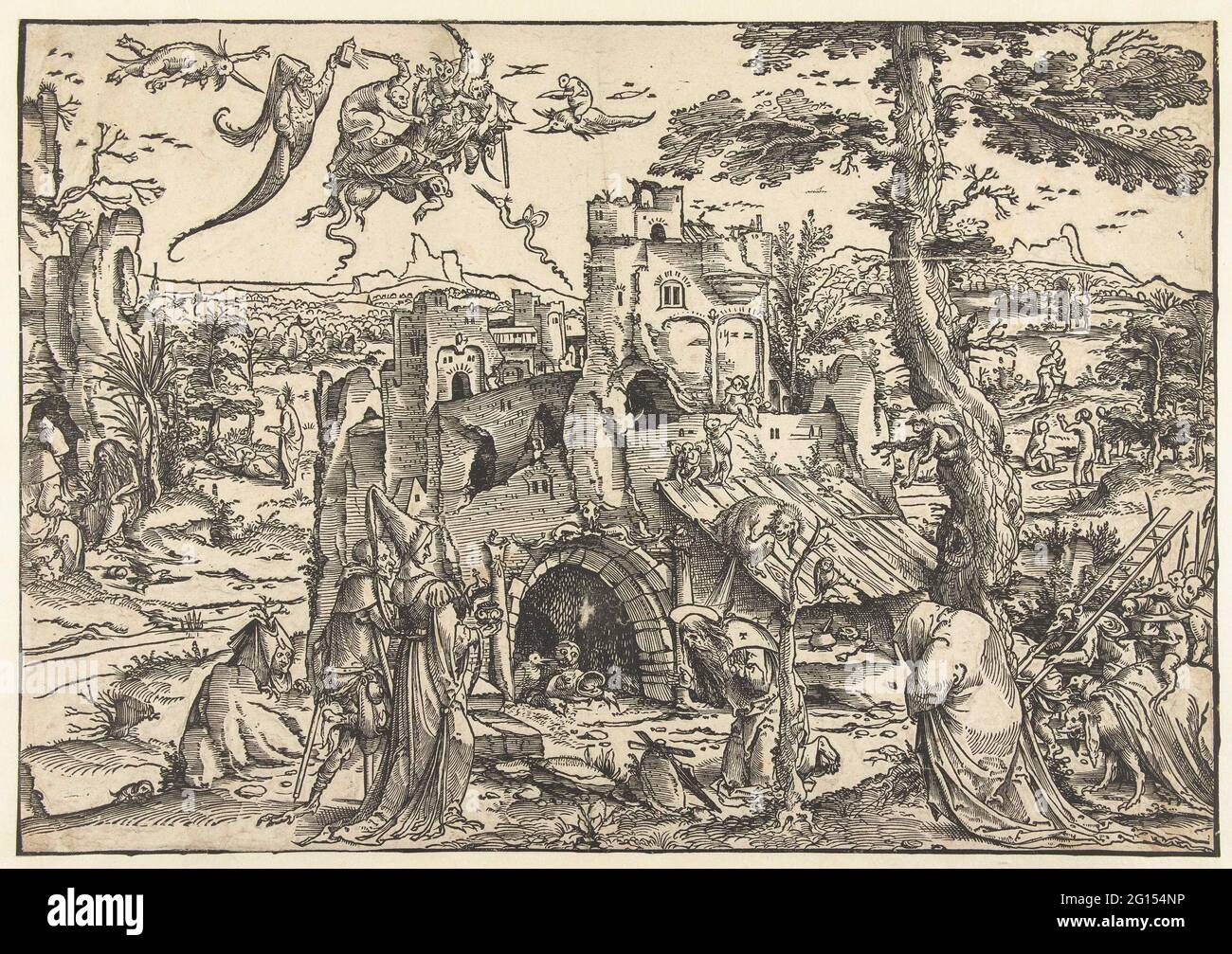 Versuchung des heiligen Antonius. Landschaft mit verschiedenen Szenen aus der Versuchung des Heiligen Antonius. Stockfoto