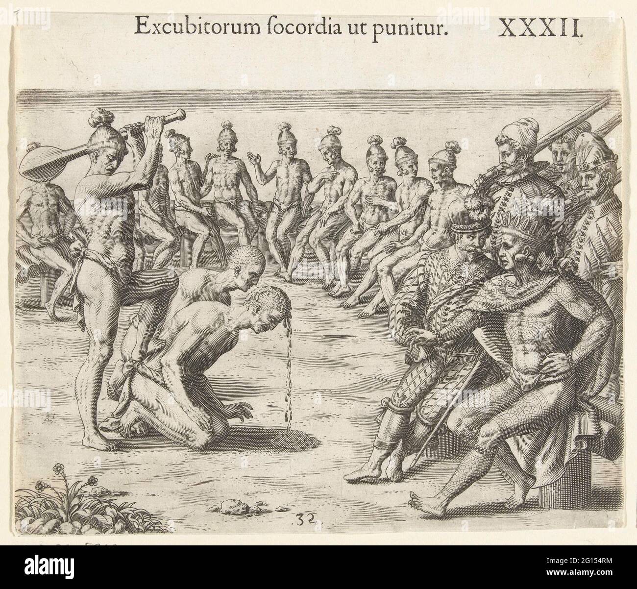 Öffentliche Bestrafung von zwei Indianern; Excubitorum Socordia Ut Punitur; Indien Occidentalis II. Ein Europäer betrachtet eine öffentliche Bestrafung mit einem indischen Stammeskopf. Zwei Inder knien für sie auf dem Boden und werden mit einer Fledermaus auf den Kopf geschlagen. Der Kopf des ersten beginnt die Blutung. Andere Mitglieder des Stammes und europäische Soldaten schauen auch. Stockfoto