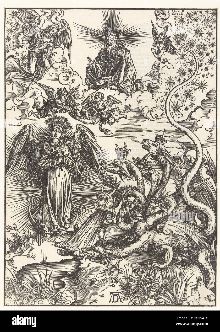 Die Apokalyptische Frau Und Der Siebenkopfige Drache Eine Geflugelte Frau Umgeben Von Einem Strahlenkranz Die Auf Einem Halbmond Nickel Steht Und Einen Sternzeugen Auf Dem Kopf Hat Wird Von Einem Siebenkopfigen Drachen Bedroht