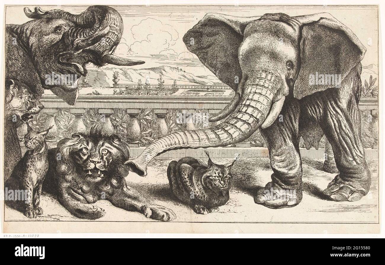 Elefanten, Löwen und Luchse in den Gärten von Versailles. Auf einer