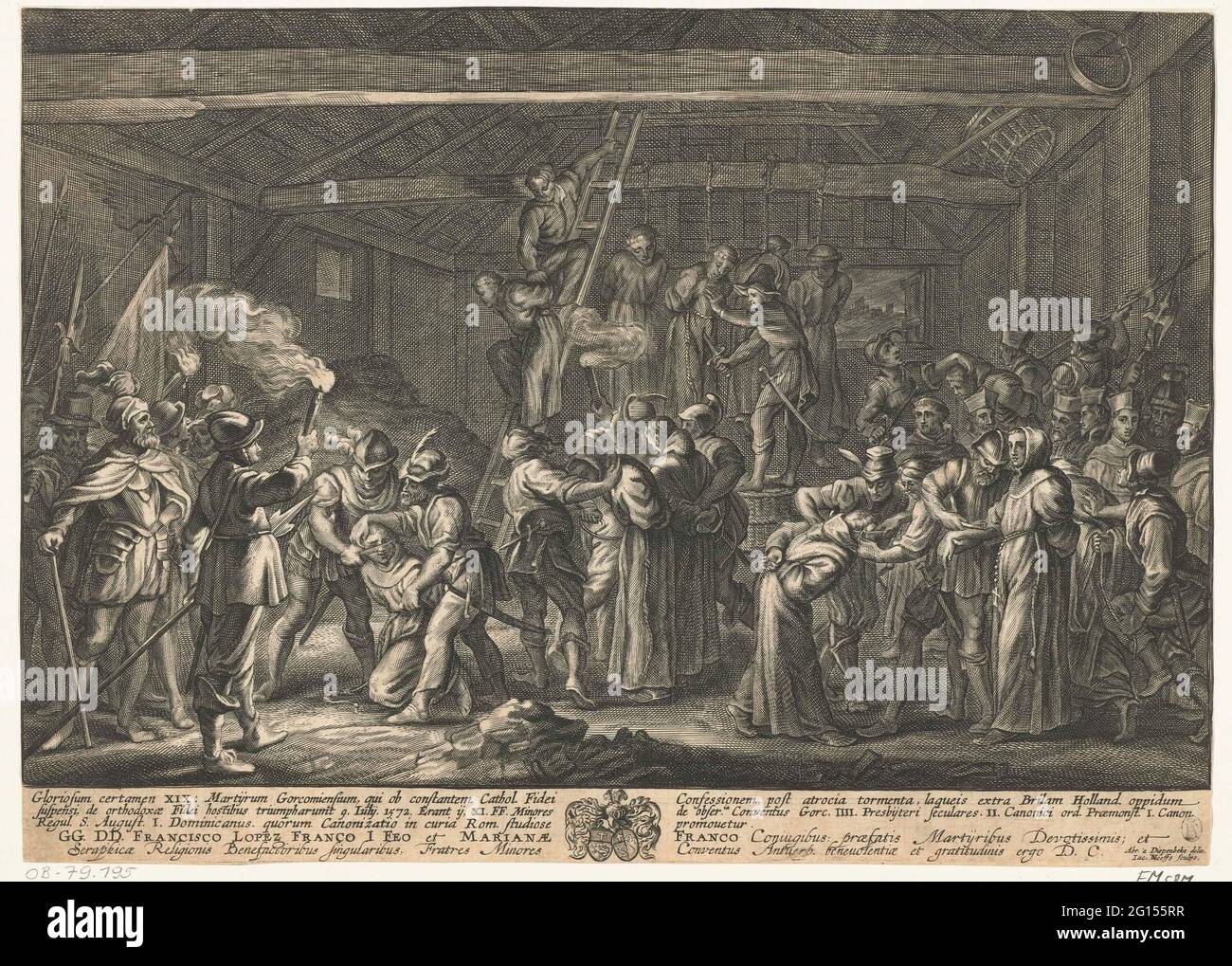 Märtyrer von Gorkum, 1572. Entführung an die Märtyrer von Gorkum, 9. Juli 1572. In der Torfscheune in Den Briel werden die Mönche und Priester vom Wassergummi gefoltert, ihre Nasen und Ohren abgeschnitten und sie an die Balken gehängt. Mit einer lateinischen Beschriftung von 5 Zeilen. Im Rahmen der Show die Waffen des Paares Franco, dem der Druck gewidmet wurde. Stockfoto