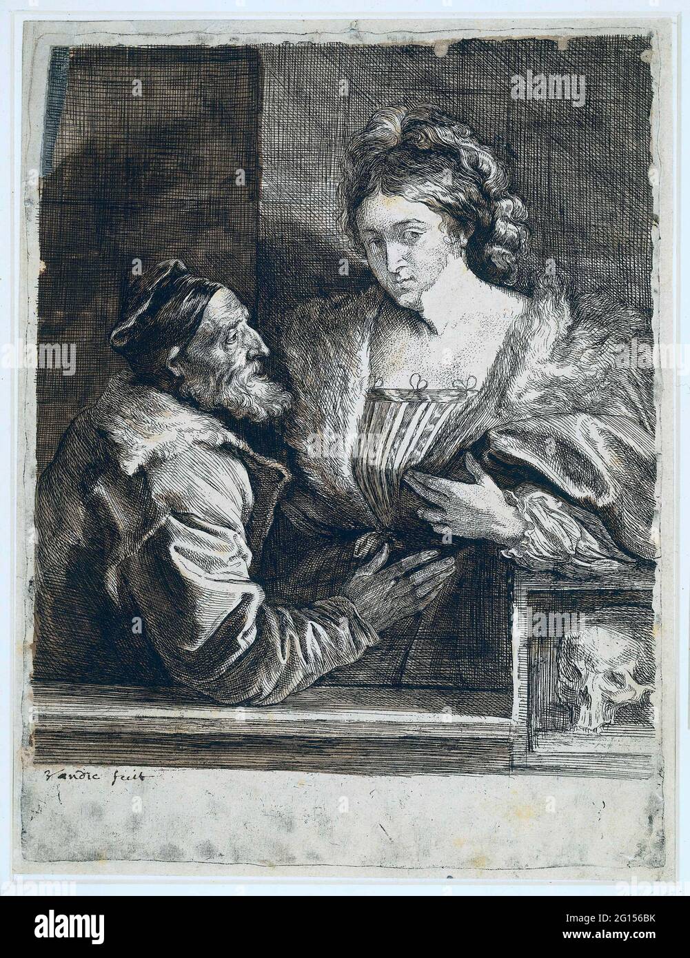 Porträt von Tizian und seiner Maitress. Kopie zum Selbstporträt von Tizian mit einer jungen Frau. Unten rechts ein Schädel. Das Gemälde von Titian ist verloren gegangen, durch die Radierung von Van Dyck wissen wir, wie das Porträt aussah. Stockfoto