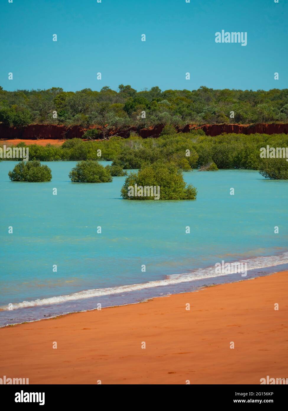 Rotes, blaues Sandwasser und grüne Mangroven an der Roebuck Bay in der Nähe von Broome Western Australia mit blauem Himmel und Kopierfläche Stockfoto